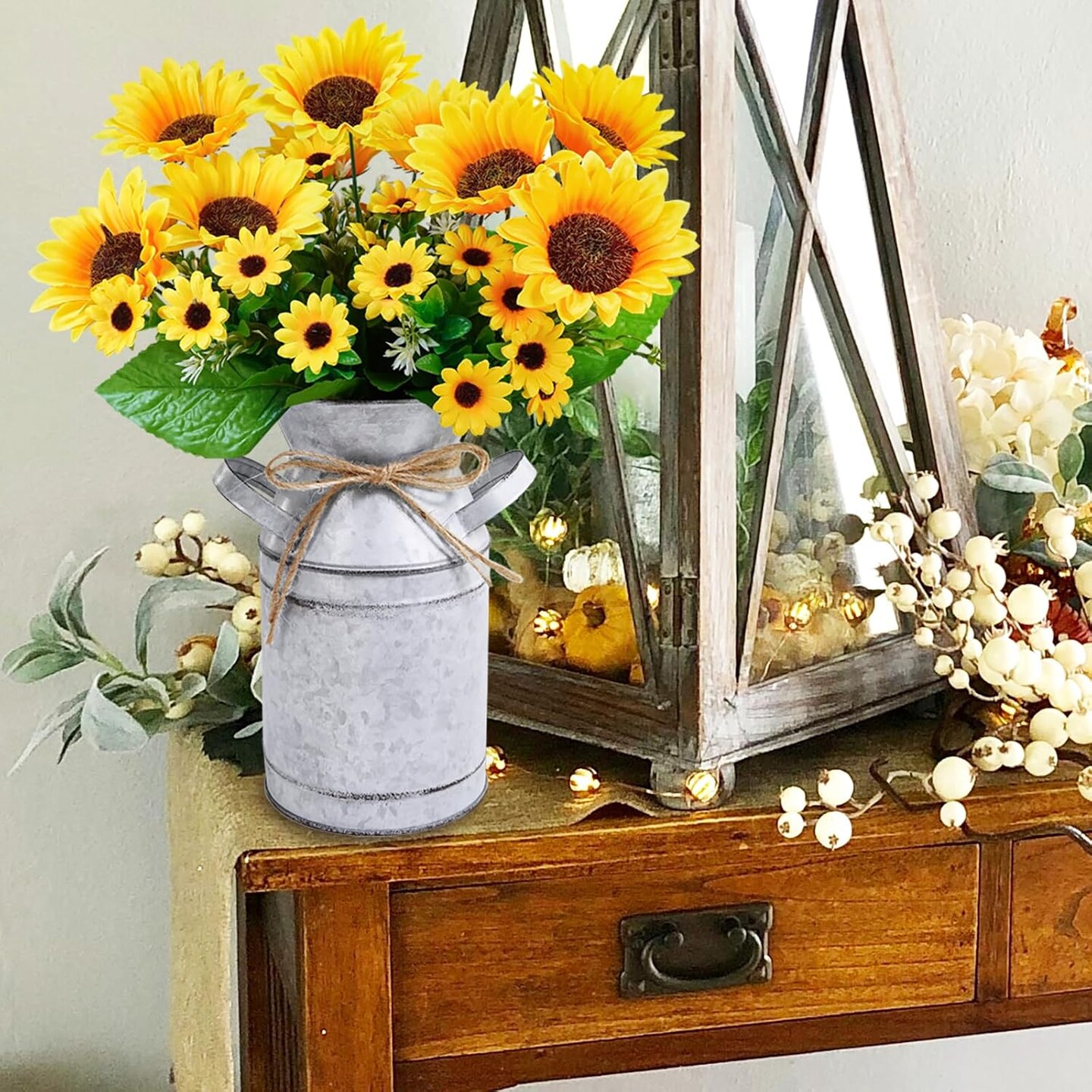 Summer Farmhouse Sunflowers – 13" Metal Milk Jug with Artificial Sunflower Bunches for Rustic Home & Kitchen Decor Floral Arrangements