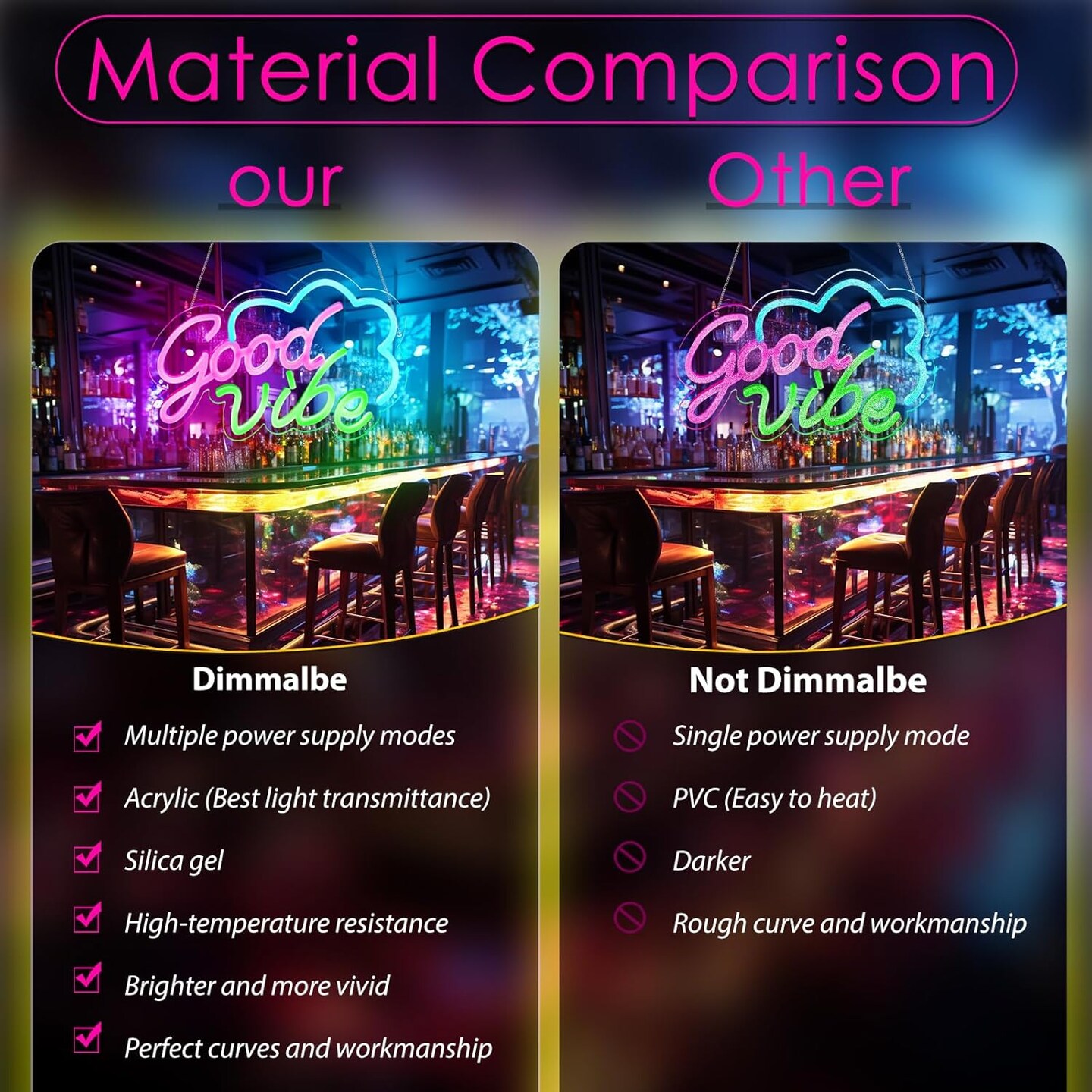 Good Vibe Neon Sign &#x2013; Pink LED Wall Decor for Bedroom, USB Powered &#x26; Dimmable Summer Accent Light