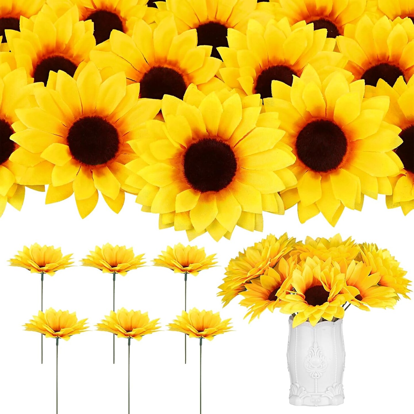 80 Pcs Summer Sunflowers &#x2013; 4.1&#x22; Yellow Artificial Flower Heads with Stems for DIY Projects &#x26; Seasonal Home Decor Floral Arrangements