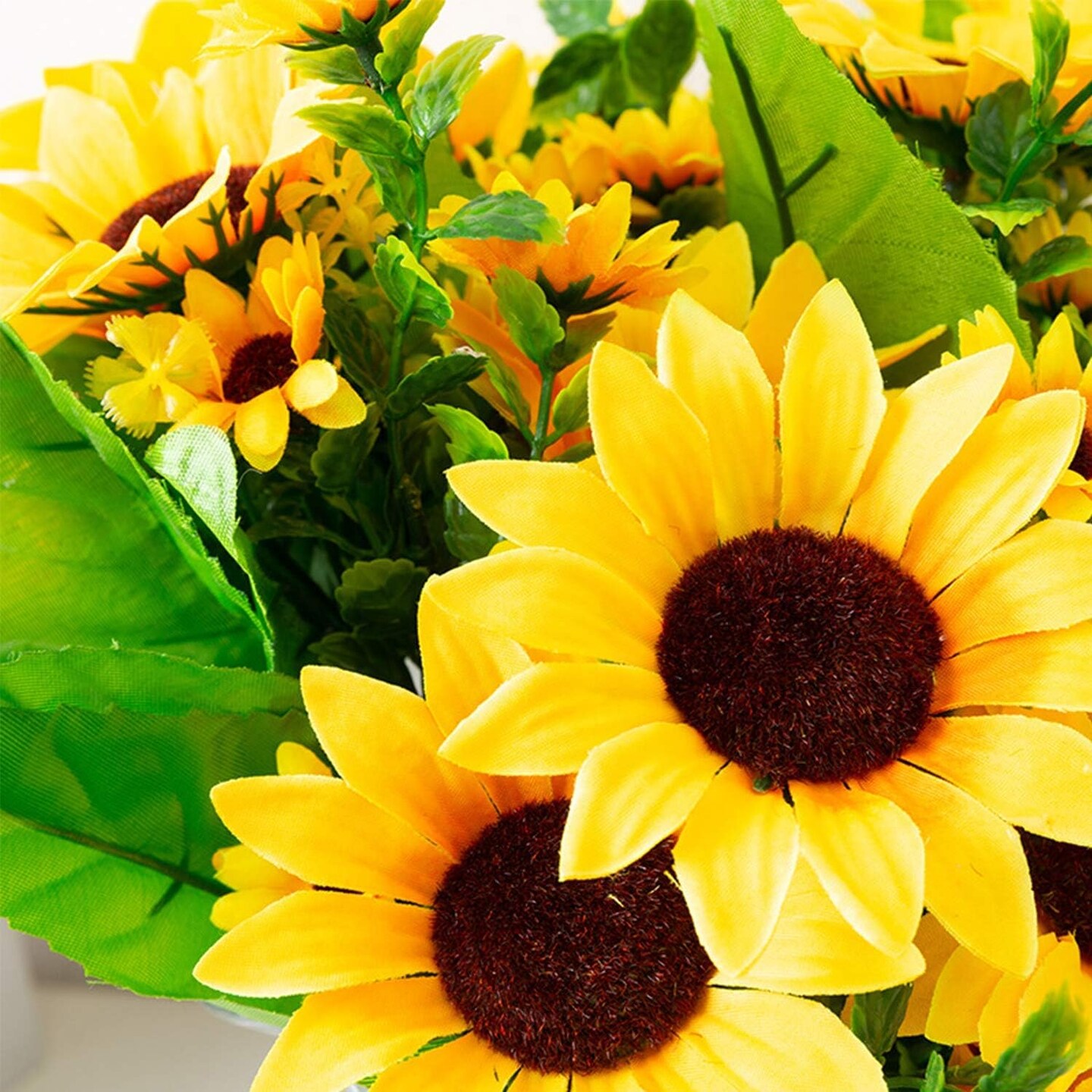 Summer Sunflowers – 6 Pack 12" Artificial Silk Flowers with Stems, 13 Heads & 27 Leaves for Indoor & Outdoor Decor Floral Arrangements