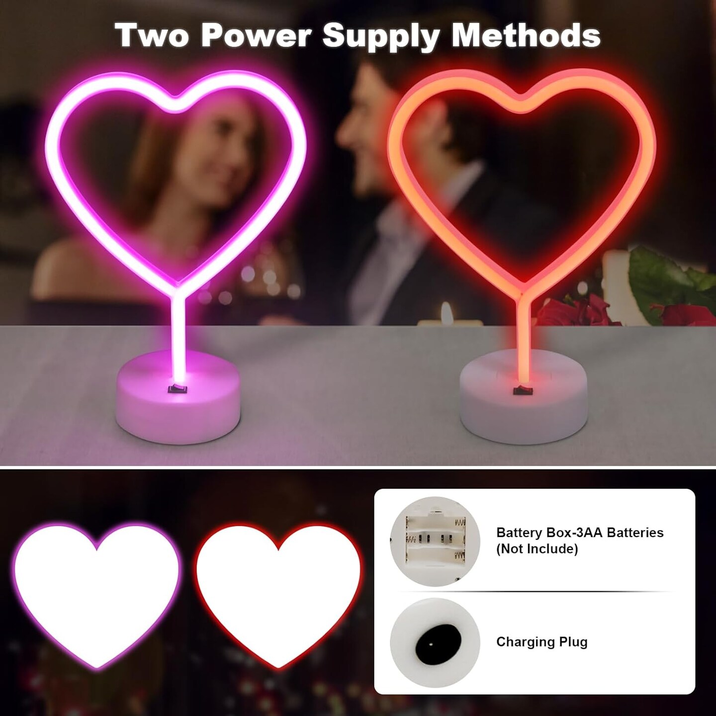 Summer Heart Neon Signs &#x2013; 2-Pack Pink LED Heart Lights, Battery or USB Powered Neon Lamp for Bedroom, Party, and Room Decor