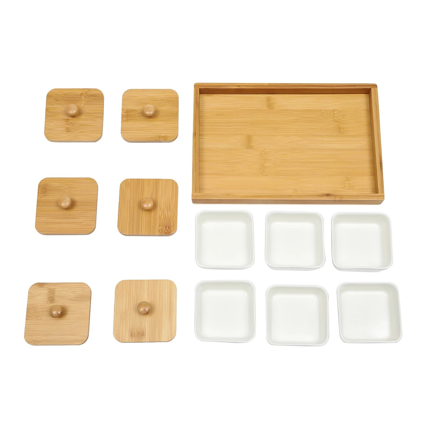 6-Piece Ceramic Snack Tray Set – Square Platters with Bamboo Lids