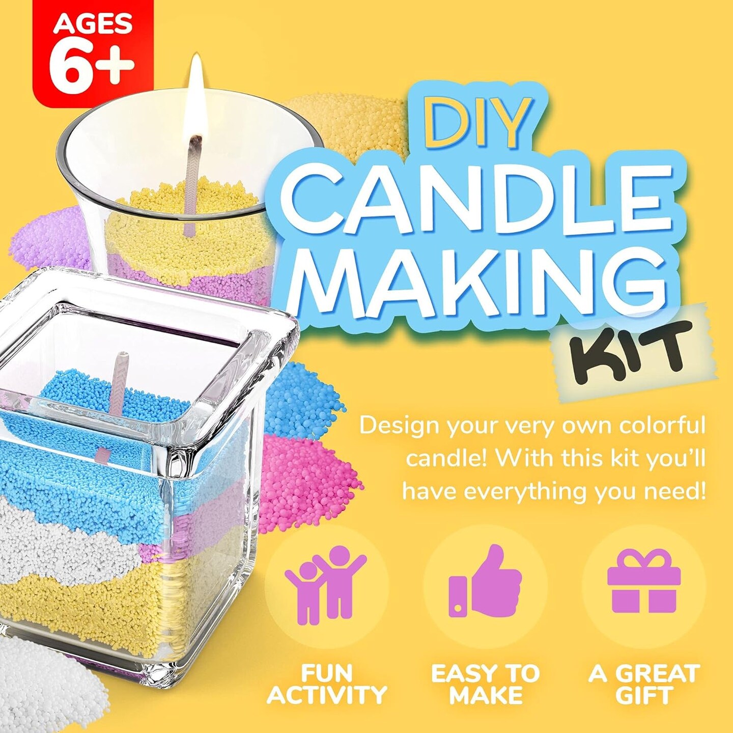 Candle Making Kit for Kids - DIY Kids Candle Making Kit - Design and Make Your Own Candles - Craft Supplies &#x26; Materials - 3 Glass Candle Containers, 3 Wicks, 5 Bags of Colored Wax