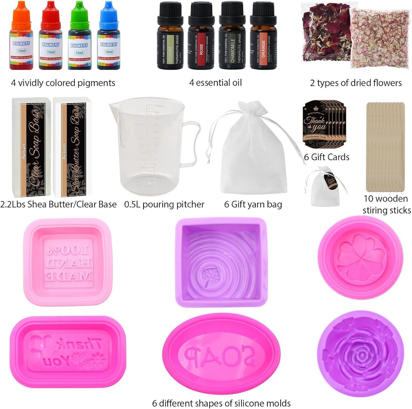 Soap Making Kit for Adults &#x26; Kids - Soap Making Supplies with Melt and Pour - Base,6 Silicone Molds, Colorant,Fragrances,Dried Flowers,Gift Card,DIY Craft Kit for Beginners