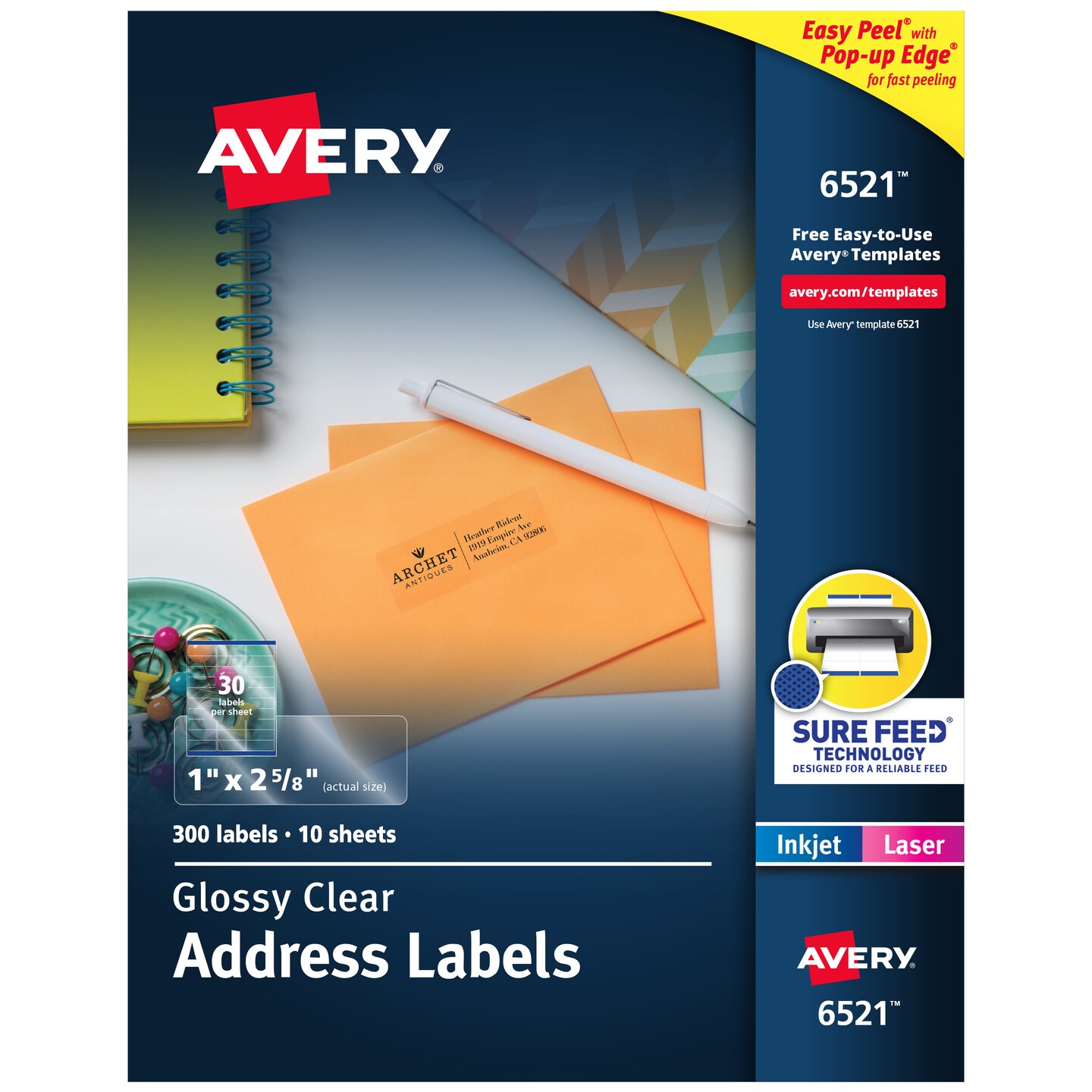 Avery Printable Address Labels with Sure Feed, 1&#x22; x 2-5/8&#x22;, Glossy Clear, 300 Blank Mailing Labels for Laser and Inkjet Printers (6521)