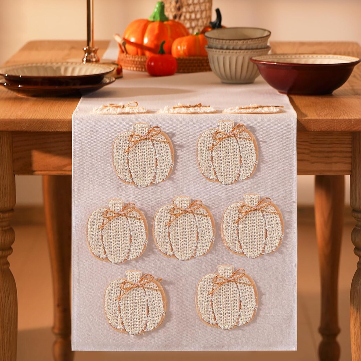 Fall Pumpkins Table Runner 3D Embroidered Handmade Linen (Multi Color) 90 x 14 Inch