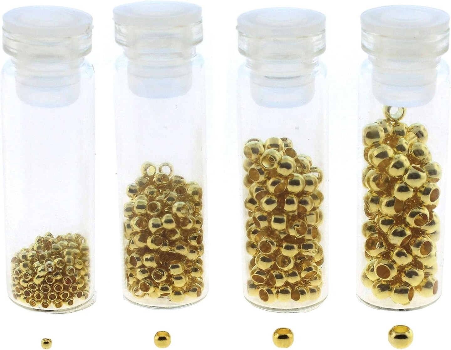The Beadsmith Basic Elements Crimp Beads, 4 Vials in Assorted Sizes, Gold Color, Uniform Round Shape, No Sharp Edges, Designed to Secure The Ends of Jewelry Stringing Wires and Cables