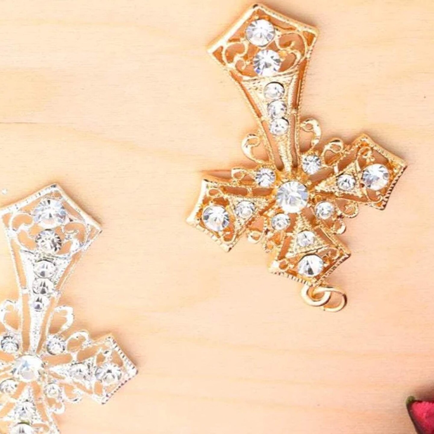 1 Piece 2.5x1.75 Gold Rhinestone Cross Charm Pendant Jewelry Baptism Craft