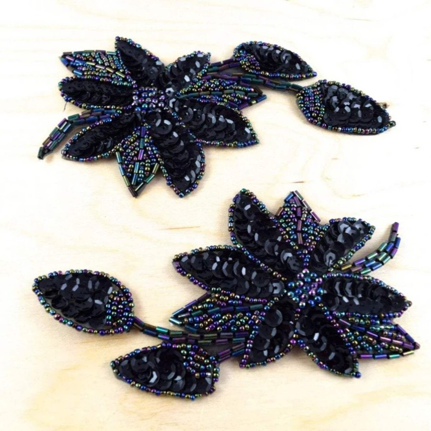 1 Piece 6x3.25 Elegant Black Purple Beaded Sequin Flower Applique Patch Costume Craft