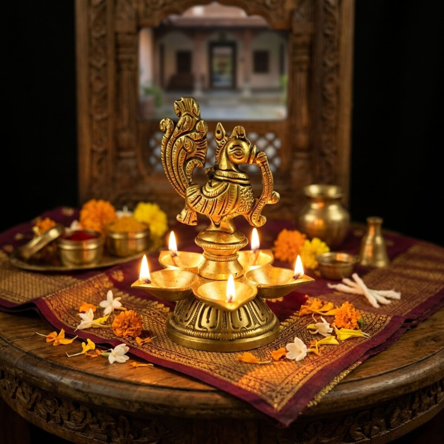 Peacock Deepam Brass Finish Diya Annam Deepak Samai Oil Lamp with Base Indian Festival Diwali Diya Hindu Puja Religious Home Decor Pooja Lamp Indian Housewarming Wedding Return Gift