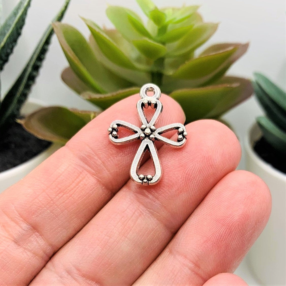 4, 20 or 50 Pieces: Silver Ornate Cross Charms, Double Sided
