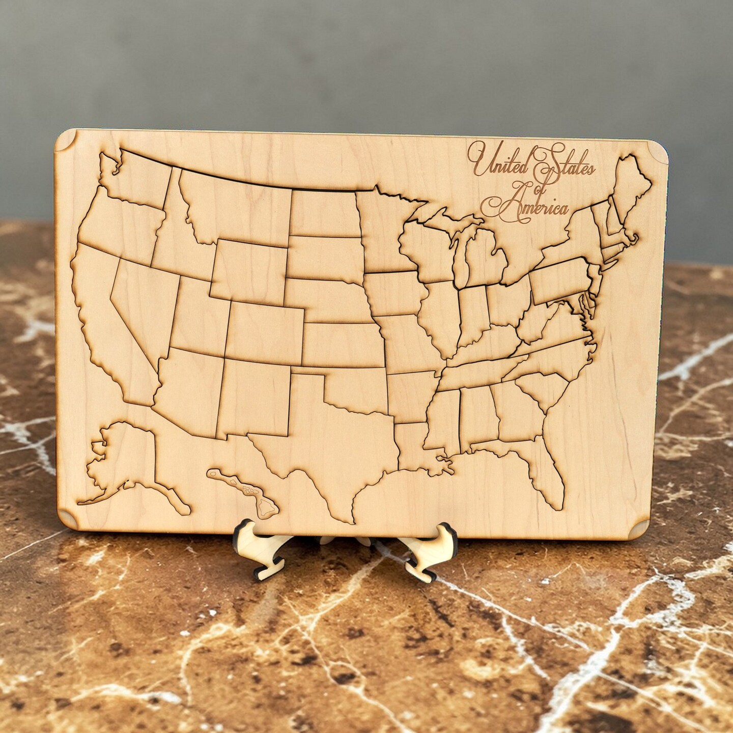 50 State American Puzzle Map - Art Kit - Raw Wood 12x18 - With Stand