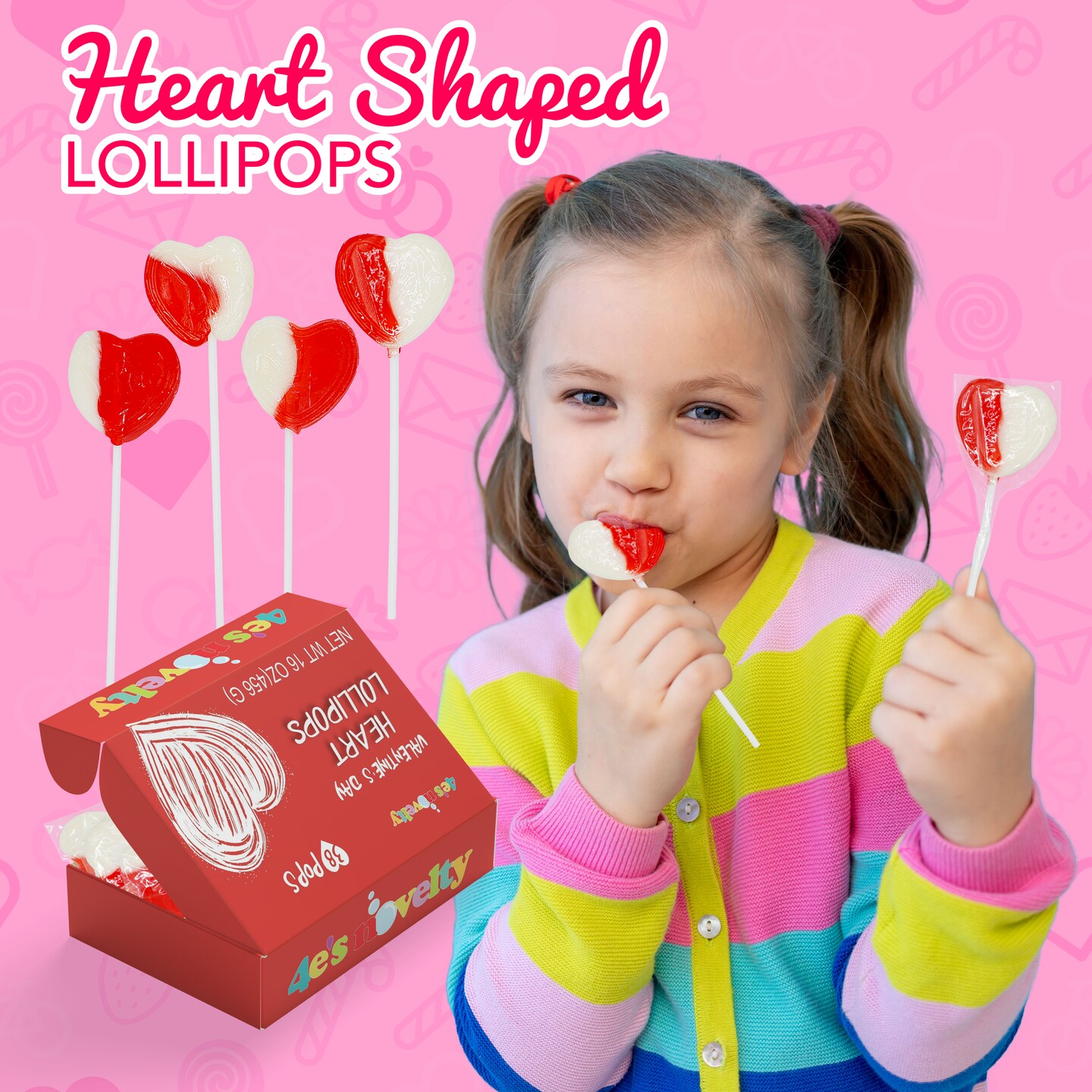 4E's Novelty 38 Pack Heart Shaped Lollipops – Strawberry N Cream Flavored, Individually Wrapped Valentine's Day Candy, Valentine Candy Hearts for Kids