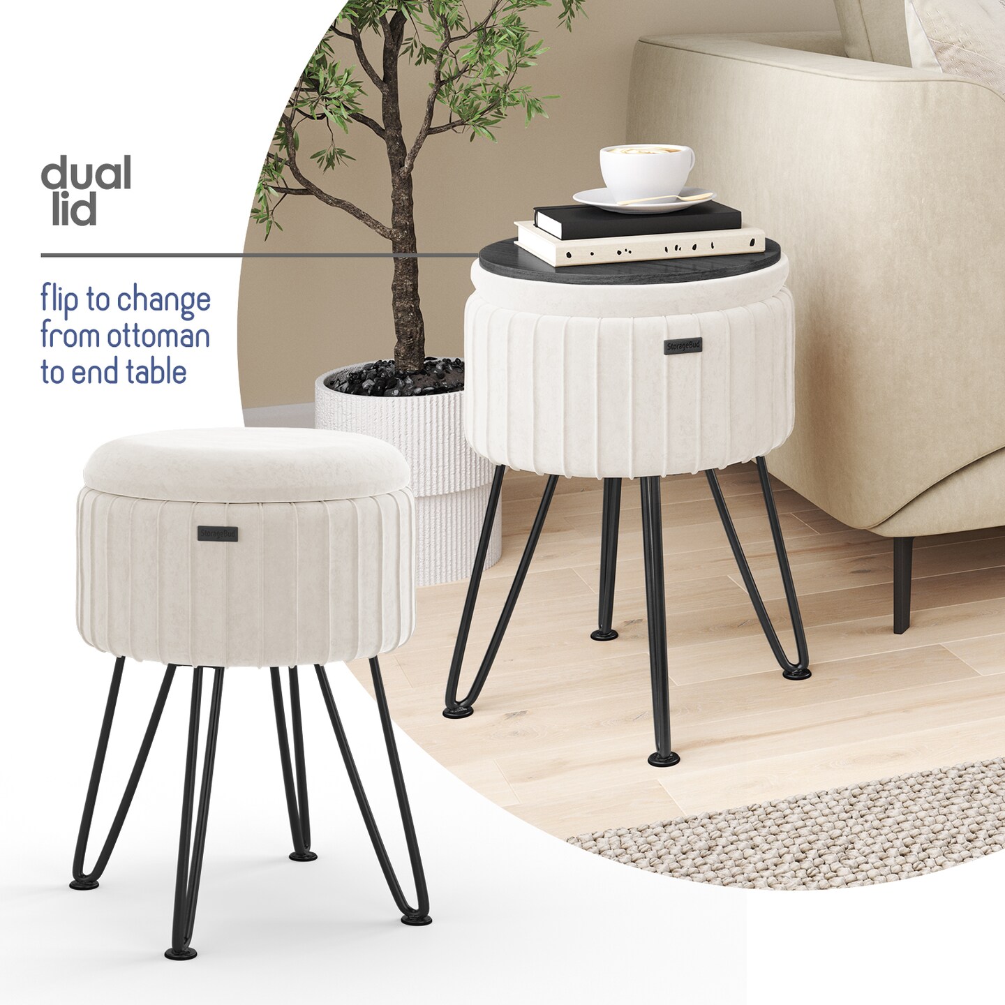 StorageBud Pleated Velvet Storage Ottoman