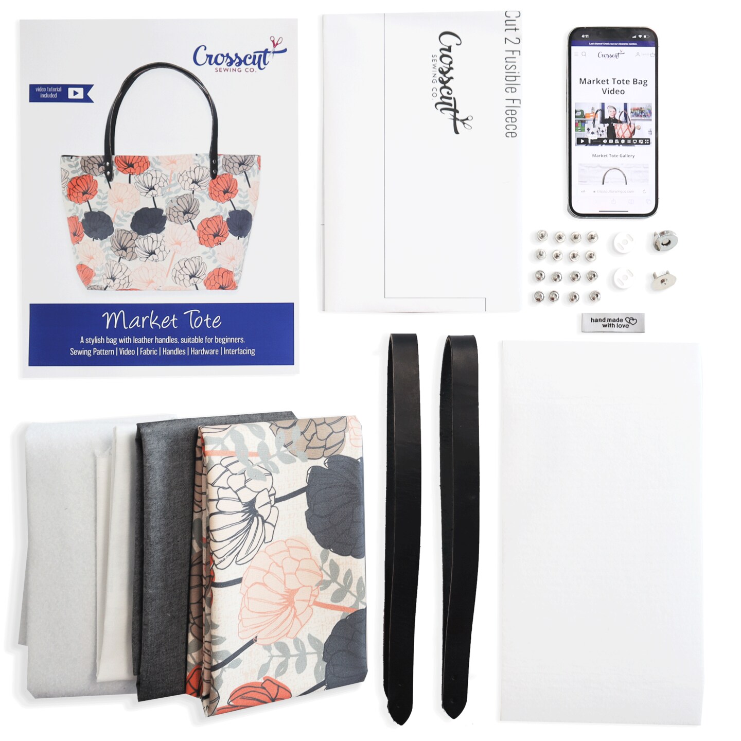 Crosscut Sewing Co.&#xAE; Market Tote Bag Sewing Project Kit for Beginners with Fabric, Instructions and Video