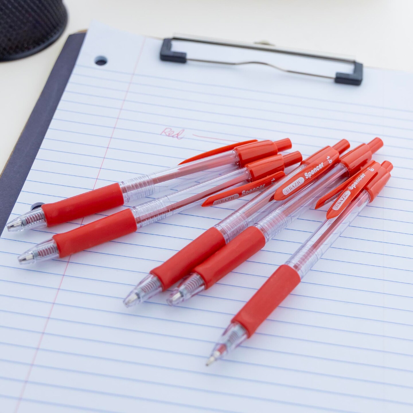 BAZIC Spencer Red Retractable Pen w/ Cushion Grip (5/Pack)