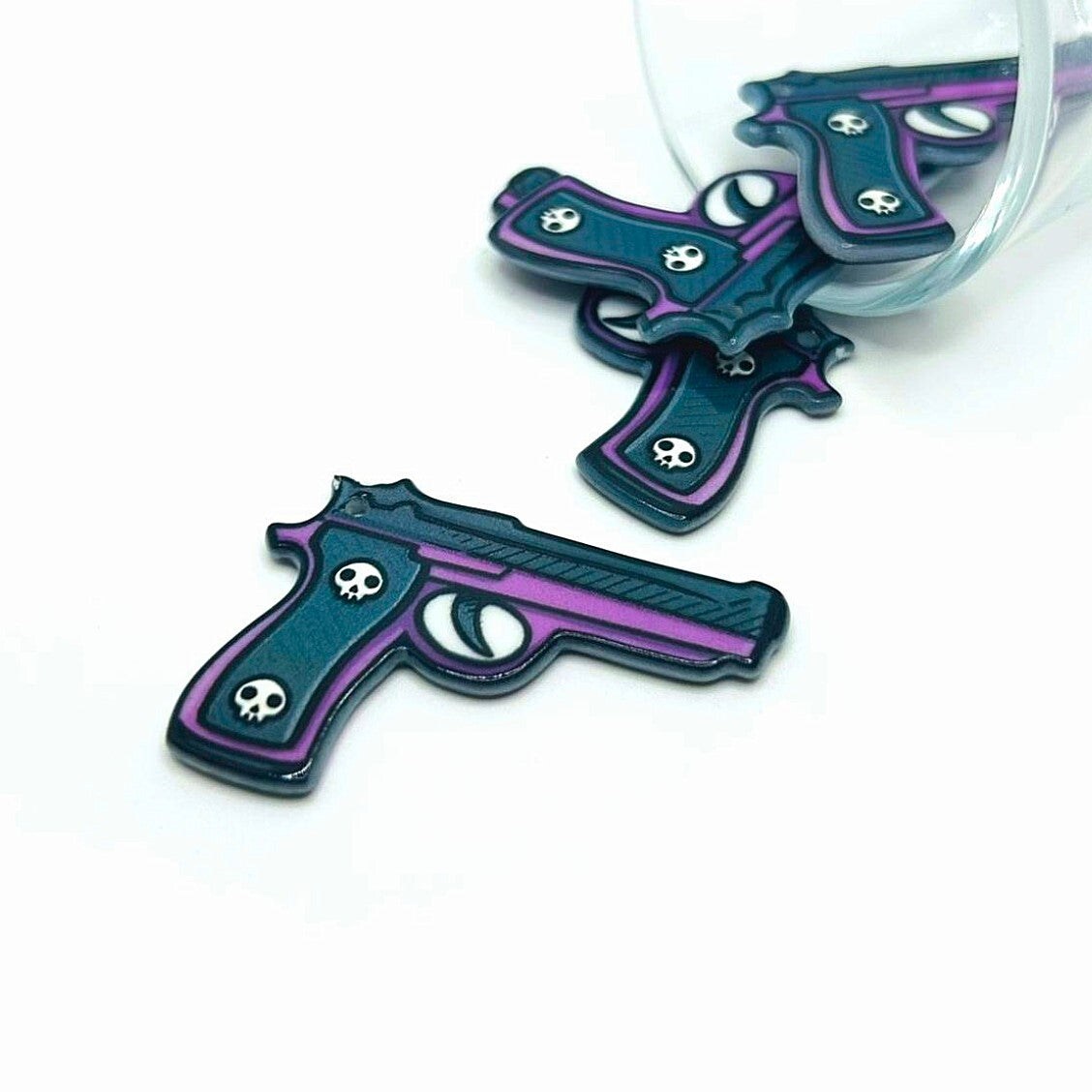 1, 4 or 20 Pieces: Pink Handgun Charm with Skull Handle - Double Sided