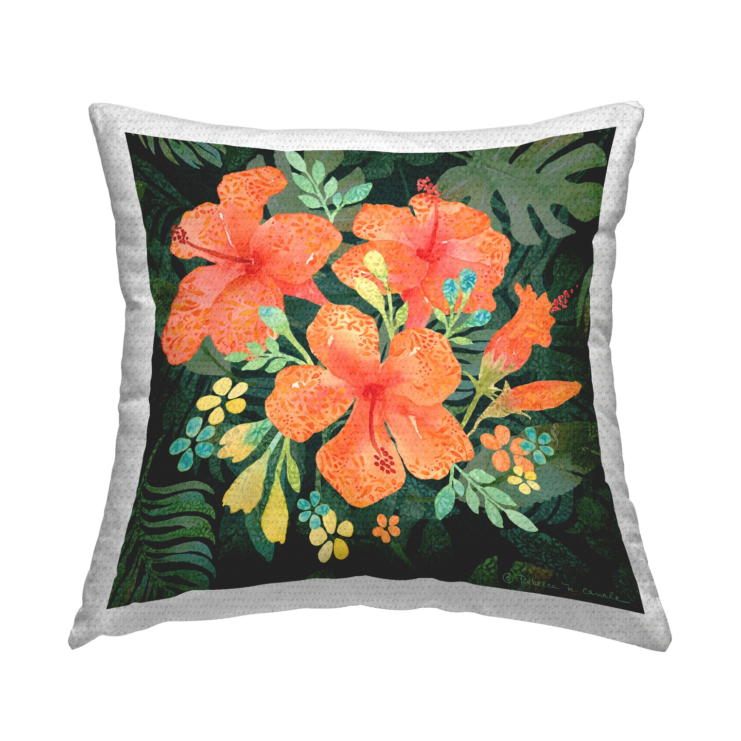 Tropical Hibiscus Bunches Design by Rebecca Canale Outdoor Printed Pillow