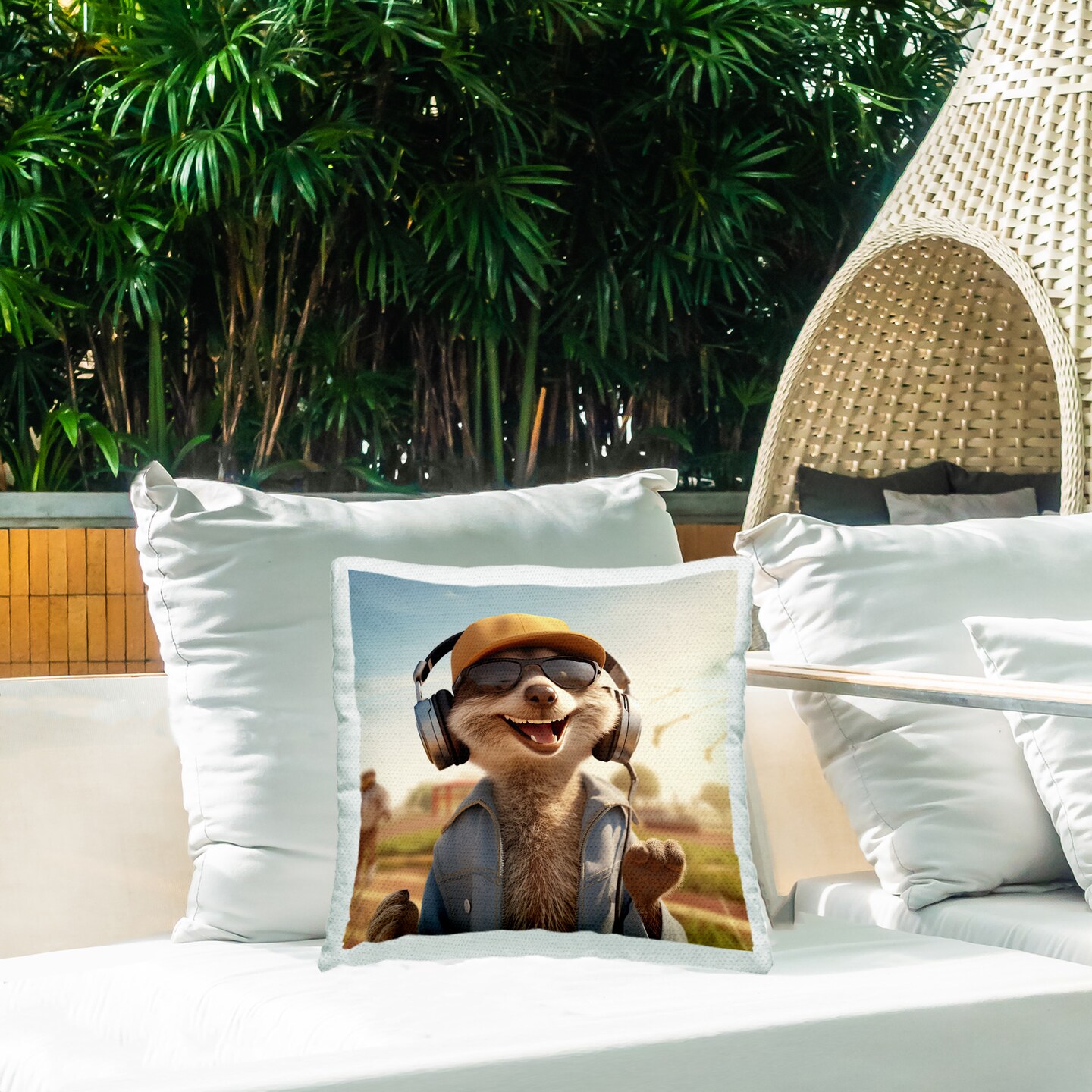 Fox Jamming with Headphones Design by Jim Baldwin Outdoor Printed Pillow 