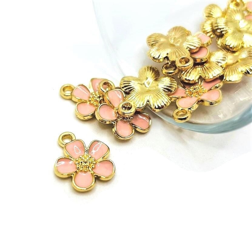 4, 20 or 50 Pieces: Light Pink and Gold Flower Charms
