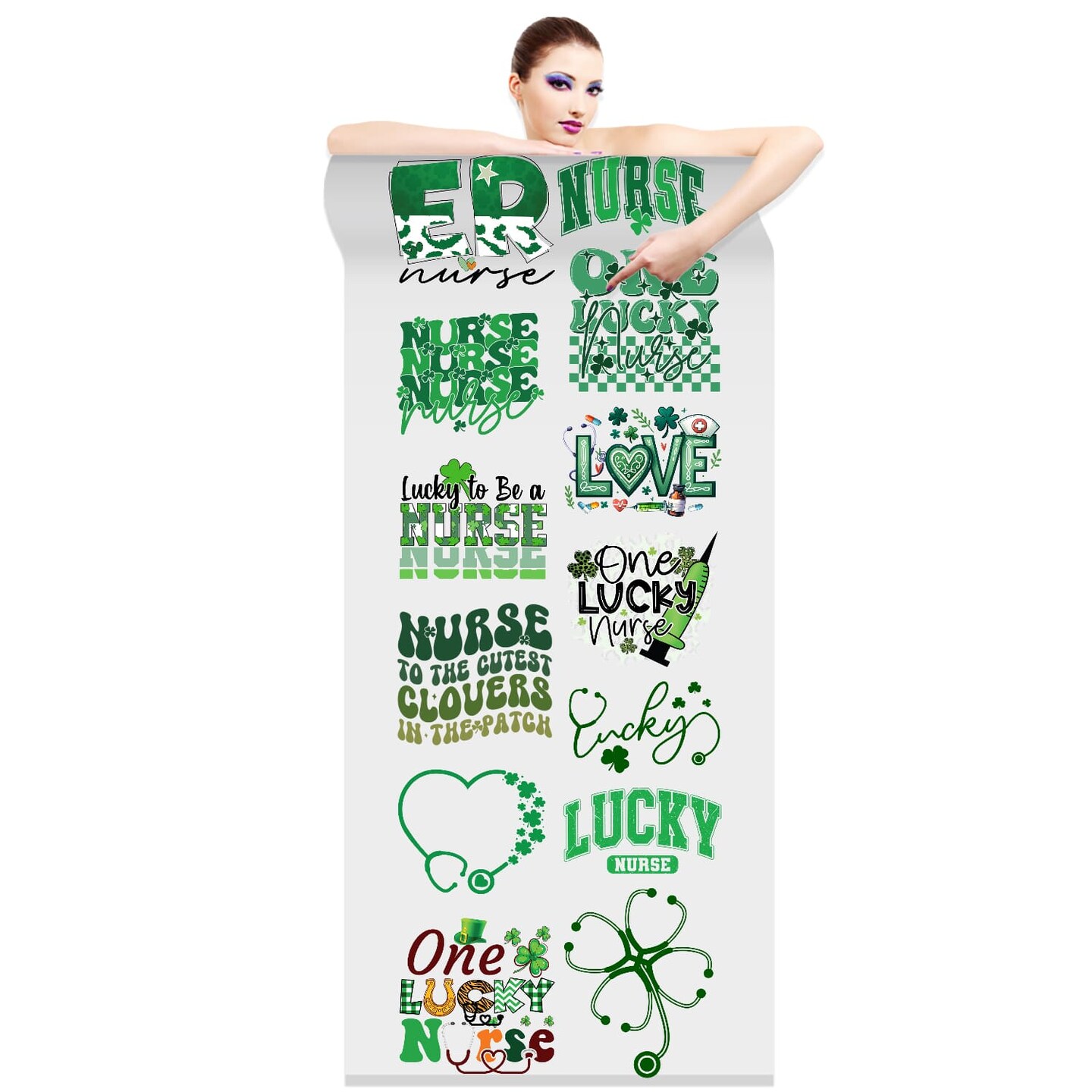 St. Patrick&#x27;s Nurse: Shamrocks &#x26; Scrubs DTF Transfer 22x60 - Direct-to-Film Gang Sheet, Ready-to-Press St. Patrick&#x27;s Day Nurse Design for Apparel