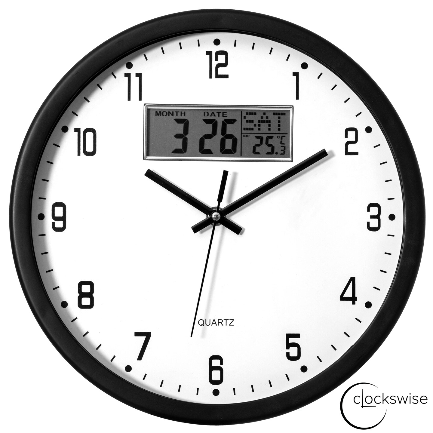 Clockswise Wall Clock, Non-Ticking Analog & Digital with Temperature Display Battery Powered, Silent Operation, Switchable Time and Date - Perfect for Classroom Office Bedroom and Study, Black