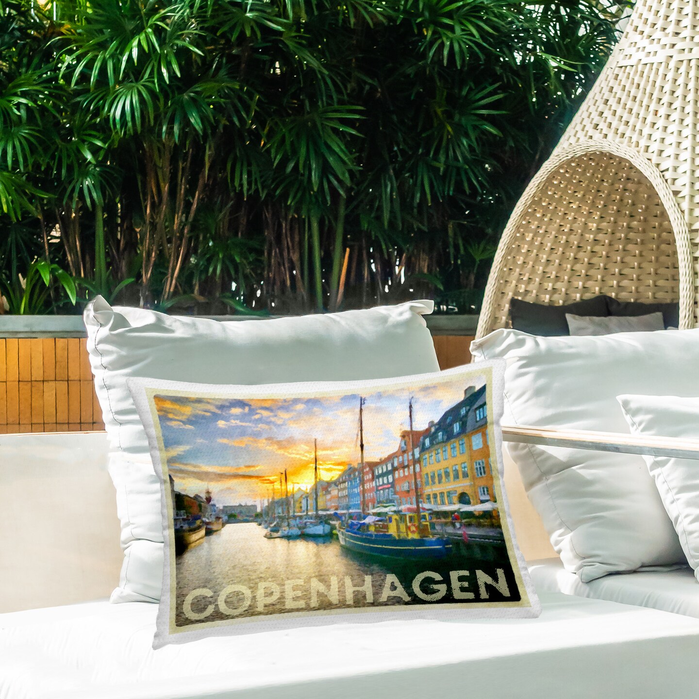Copenhagen City Canal Design by GraffiTee Studios Outdoor Printed Pillow