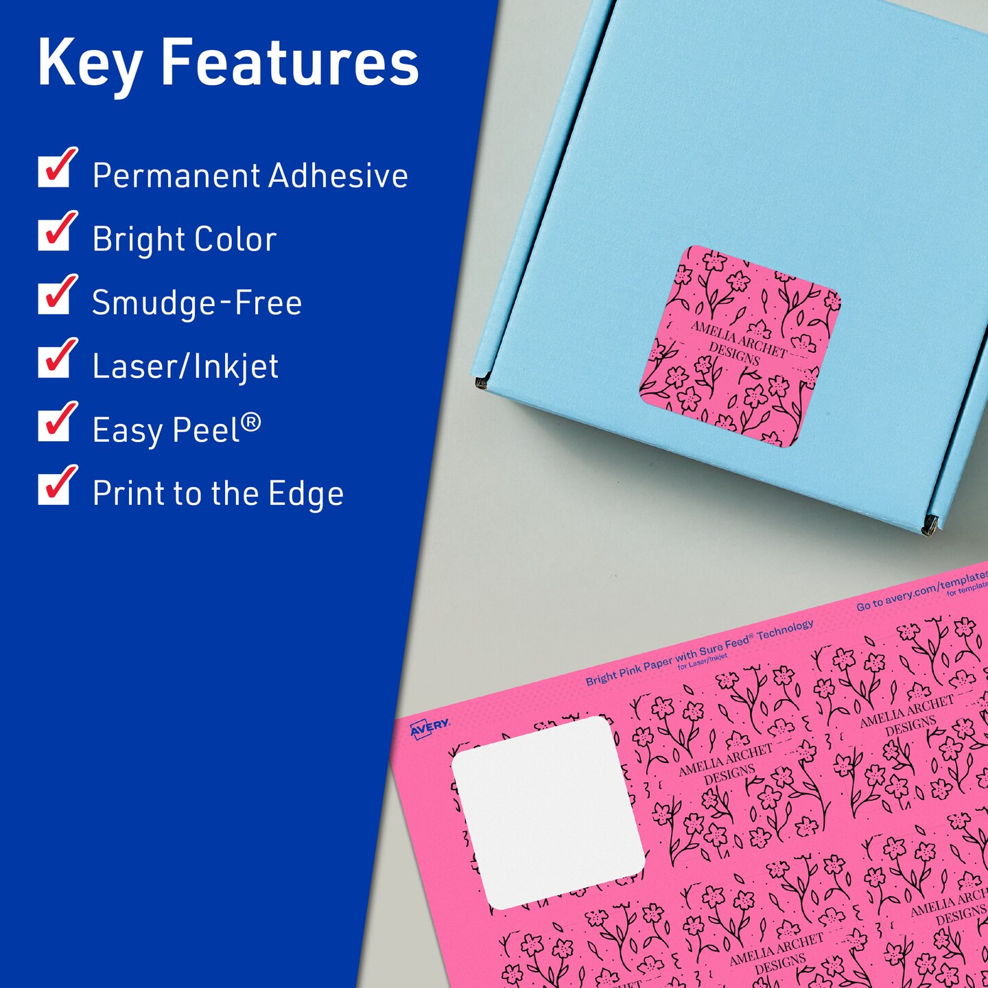 Avery Bright Pink Paper Labels, 2-1/8&#x22; x 2-1/8&#x22; Square