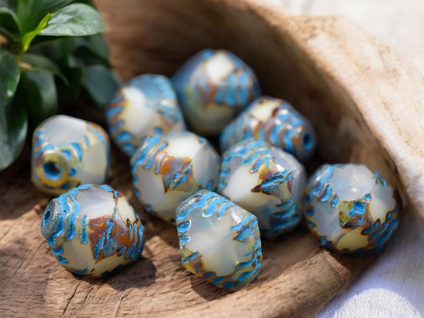*15* 10x8mm Turquoise Washed White Opal Picasso  Faceted Bicone Beads