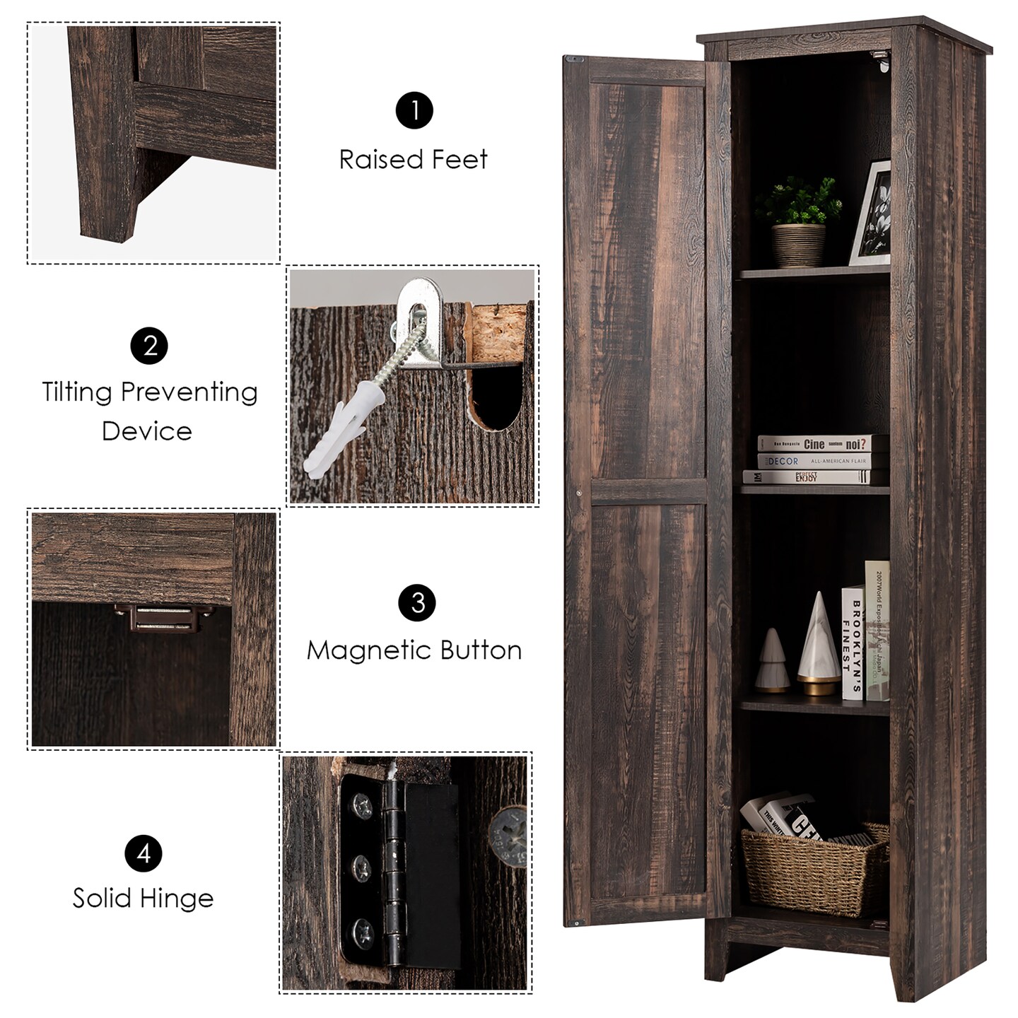 Costway Linen Tower Bathroom Storage Cabinet Tall Slim Side Organizer w/ Shelf White\ Black\Walnut