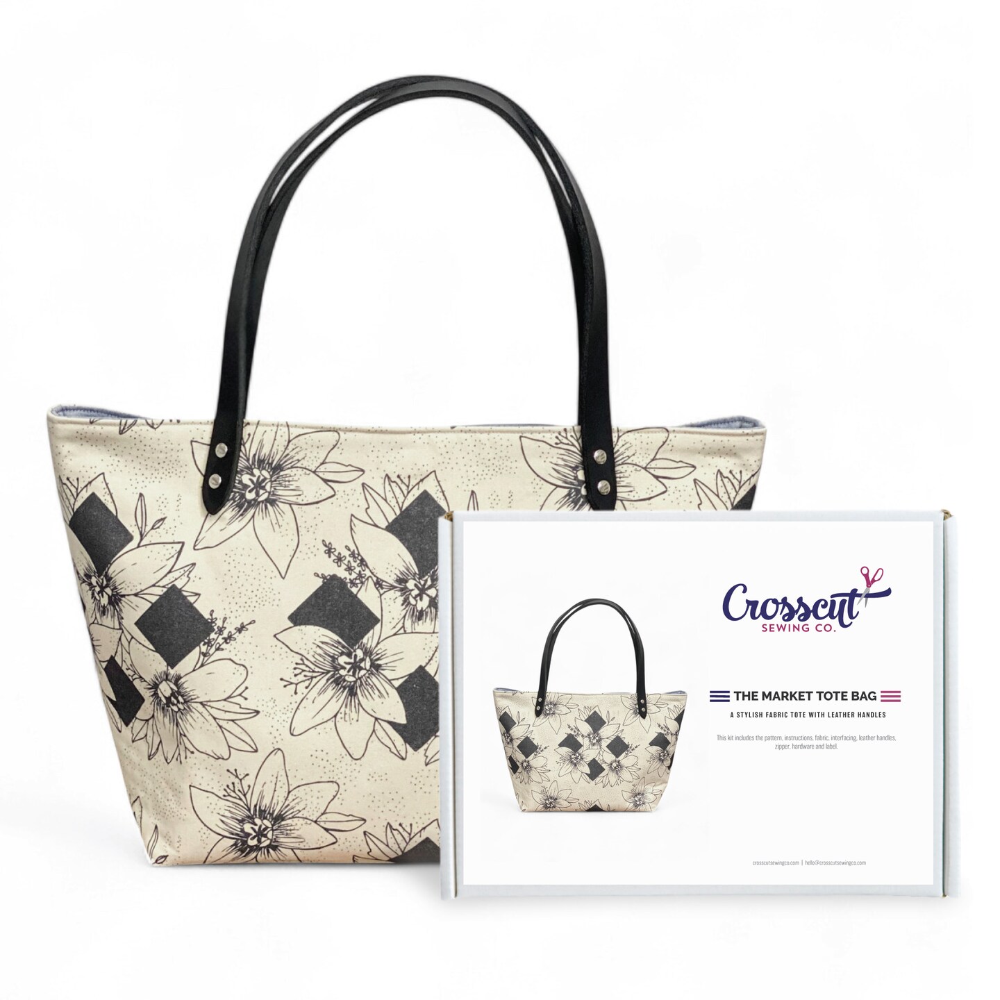 Crosscut Sewing Co.&#xAE; Market Tote Bag Sewing Project Kit for Beginners with Fabric, Instructions and Video