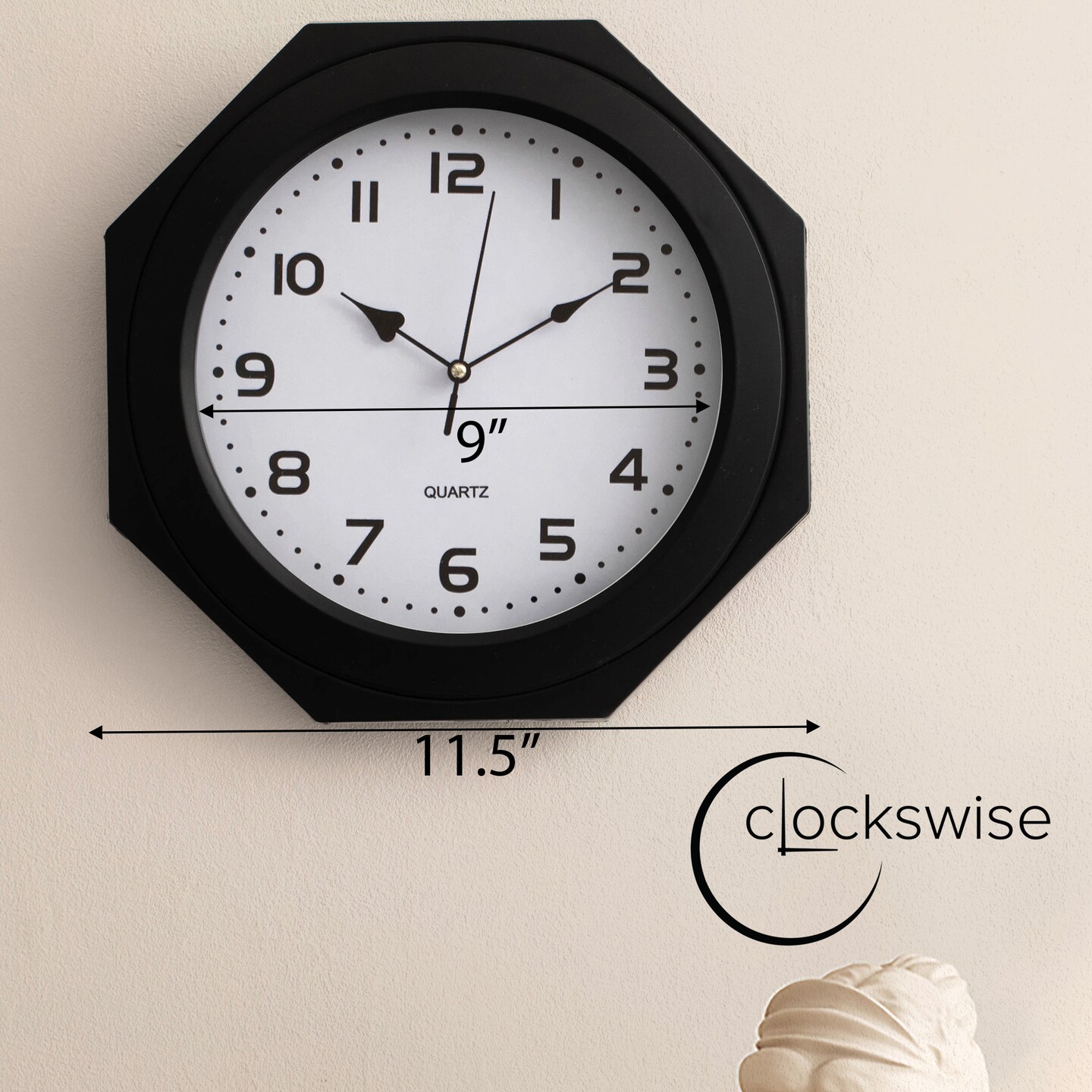 Clockswise Non-Ticking Octagon Plastic Analog Wall Clock - Elegant Decorative Accent for Home Décor in Bedroom, Bathroom, Living Room, Dining Room, Entryway, Hallway, Kitchen or Office, Black