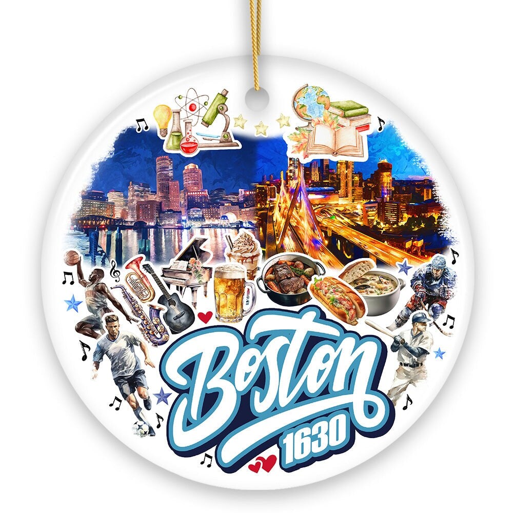 Vibrant Boston City Ceramic Art Ornament, Vintage Massachusetts Souvenir and Christmas Decor
