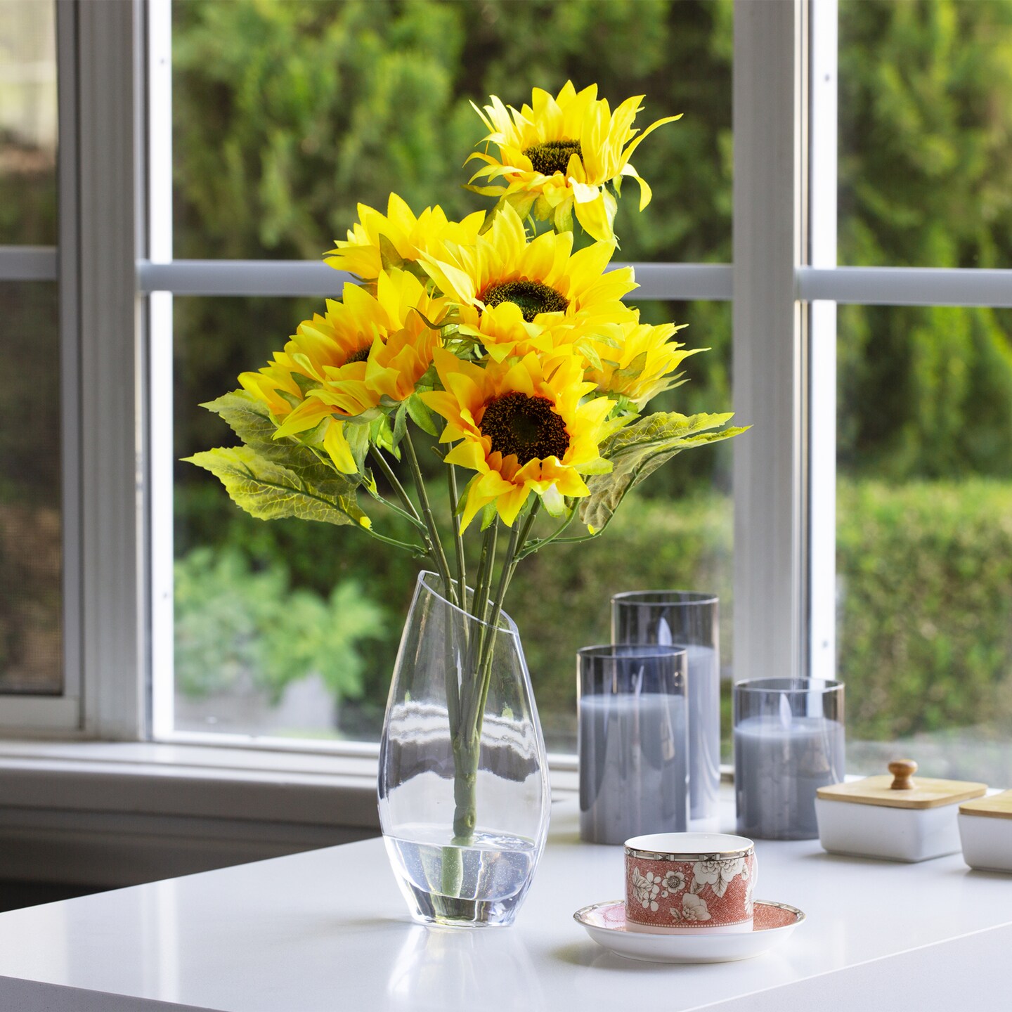 7 Heads Artificial Sunflower Arrangement in Clear Glass Vase | MakerPlace  by Michaels, image size:1080x1080