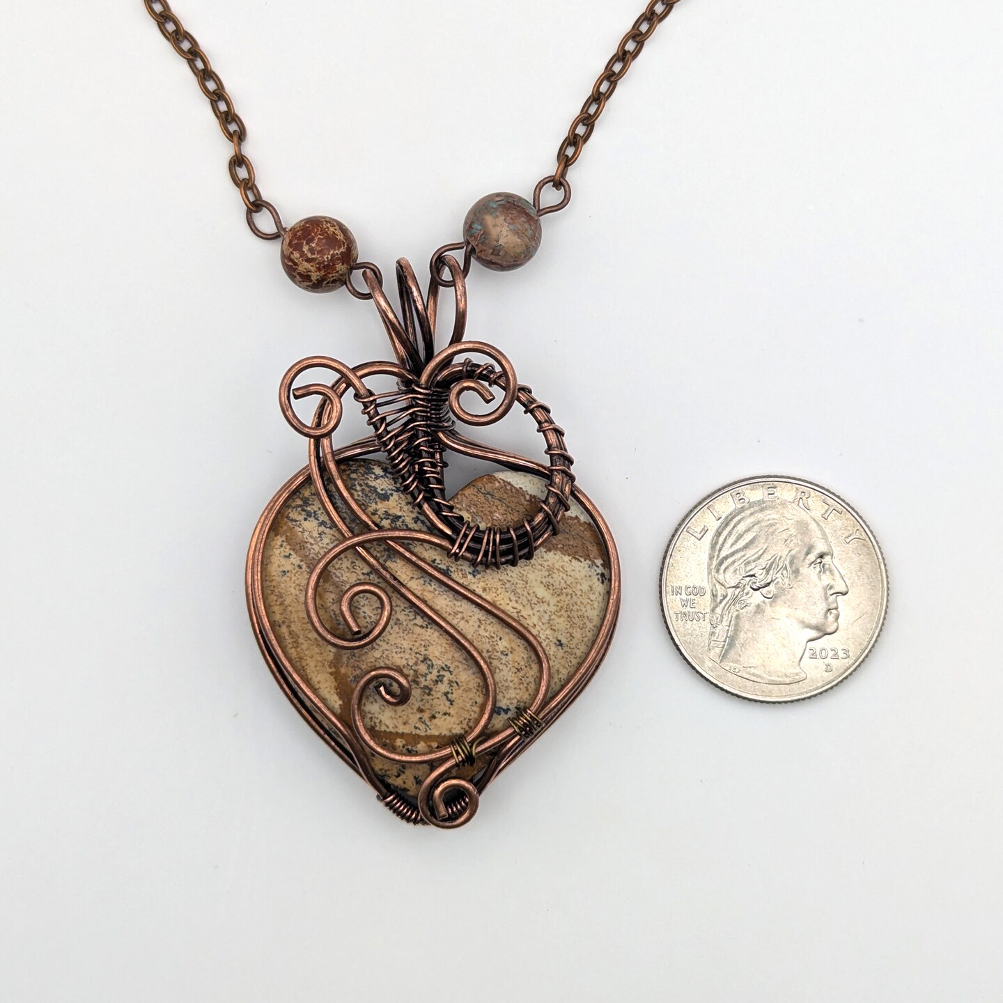 Picture Jasper Wire Wrapped Heart Stone Pendant Necklace, Wire