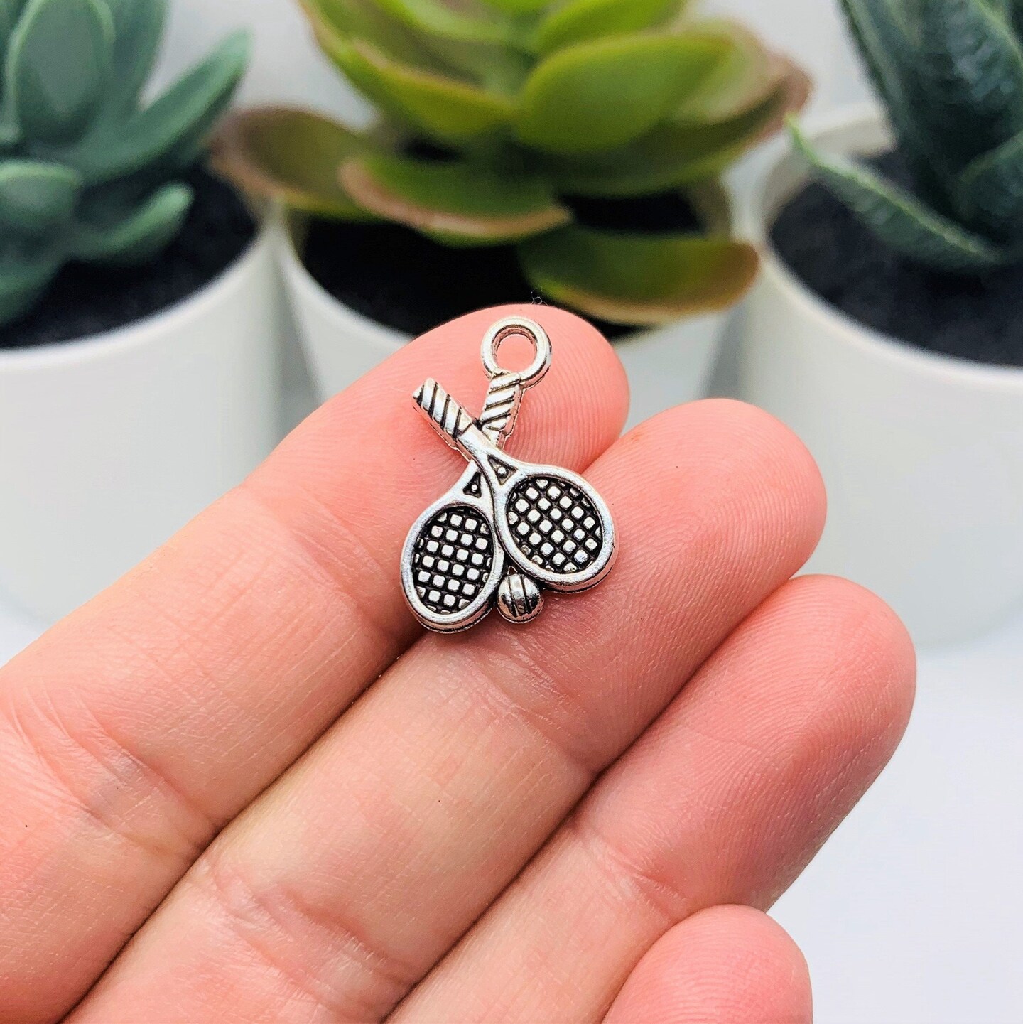4, 20 or 50 Pieces: Silver Tennis Racket Charms, Double Sided