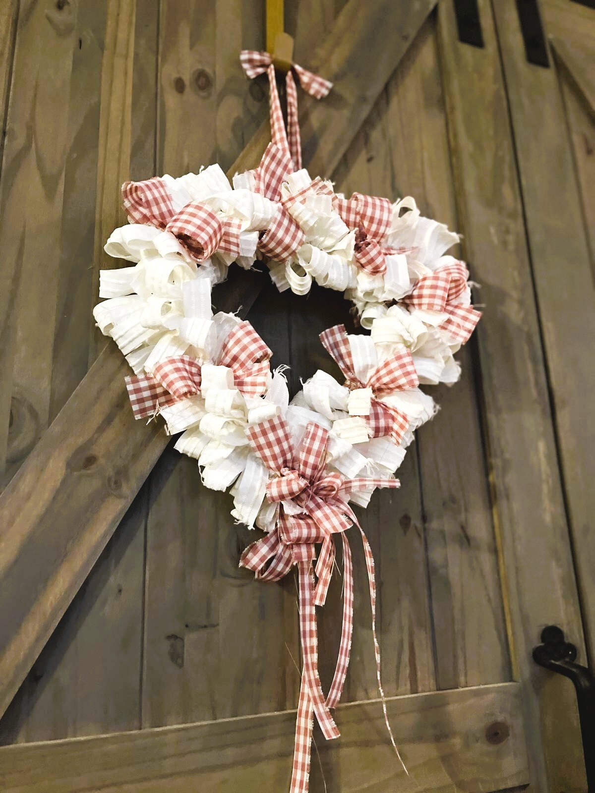 Shabby Chic Heart Rag Wreath Mauve Gingham Art Deco Canvas Vintage Farmhouse Love Nursery Unique Country Cottage Stylish Wreath Handmade - image9