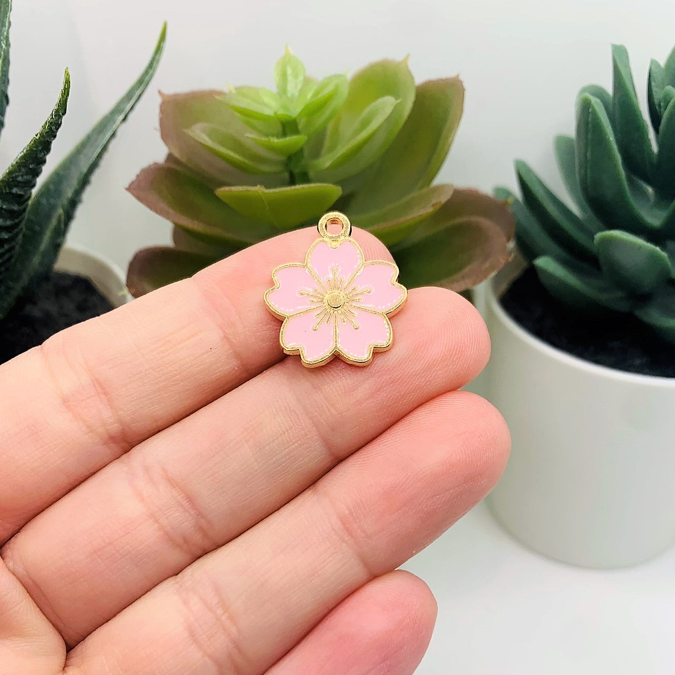 4, 20 or 50 Pieces: Light Pink and Gold Cherry Blossom Flower Charms