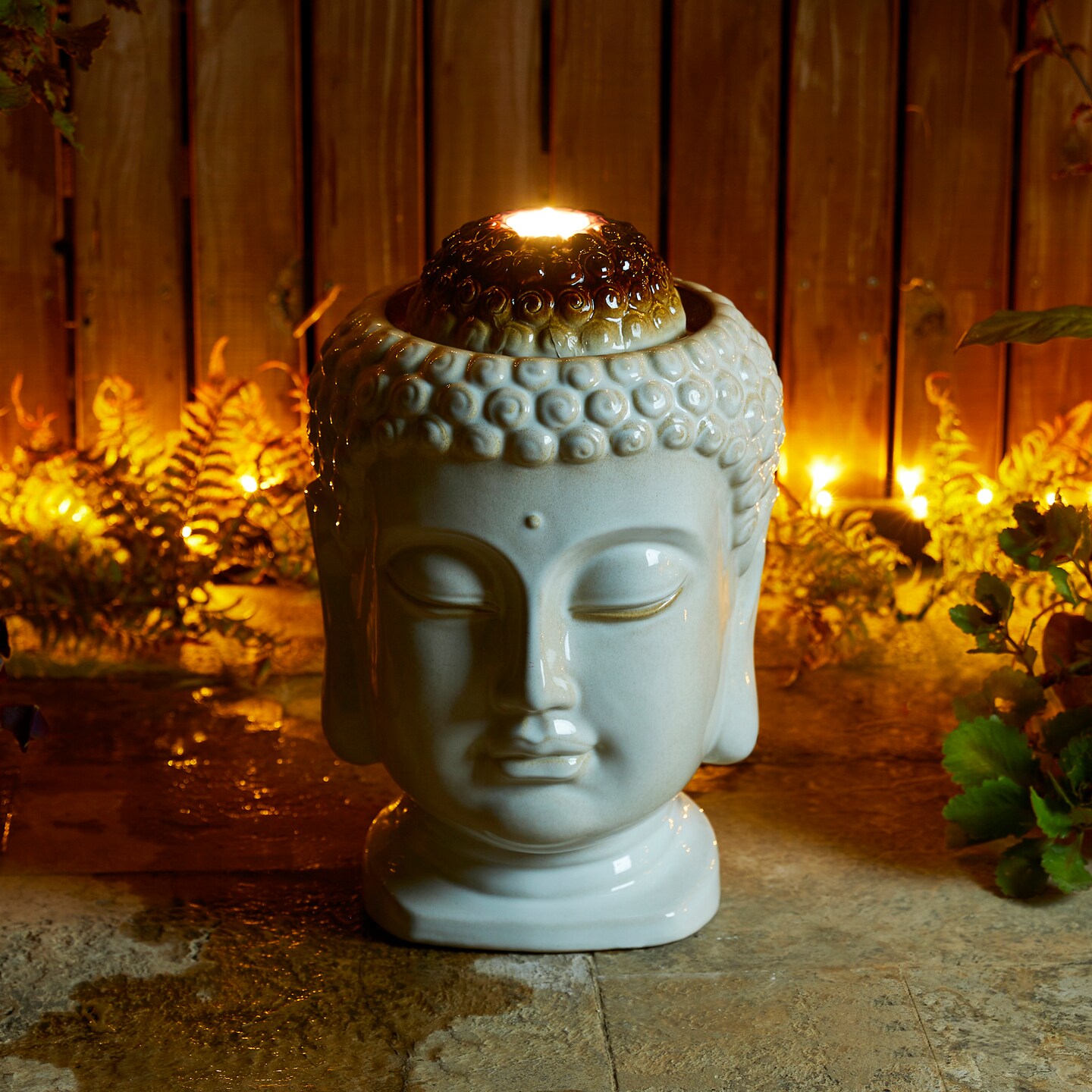 18.75"H Zen-Style Buddha Head Textured Glaze Ceramic Outdoor Tabletop or Floor Fountain with Pump