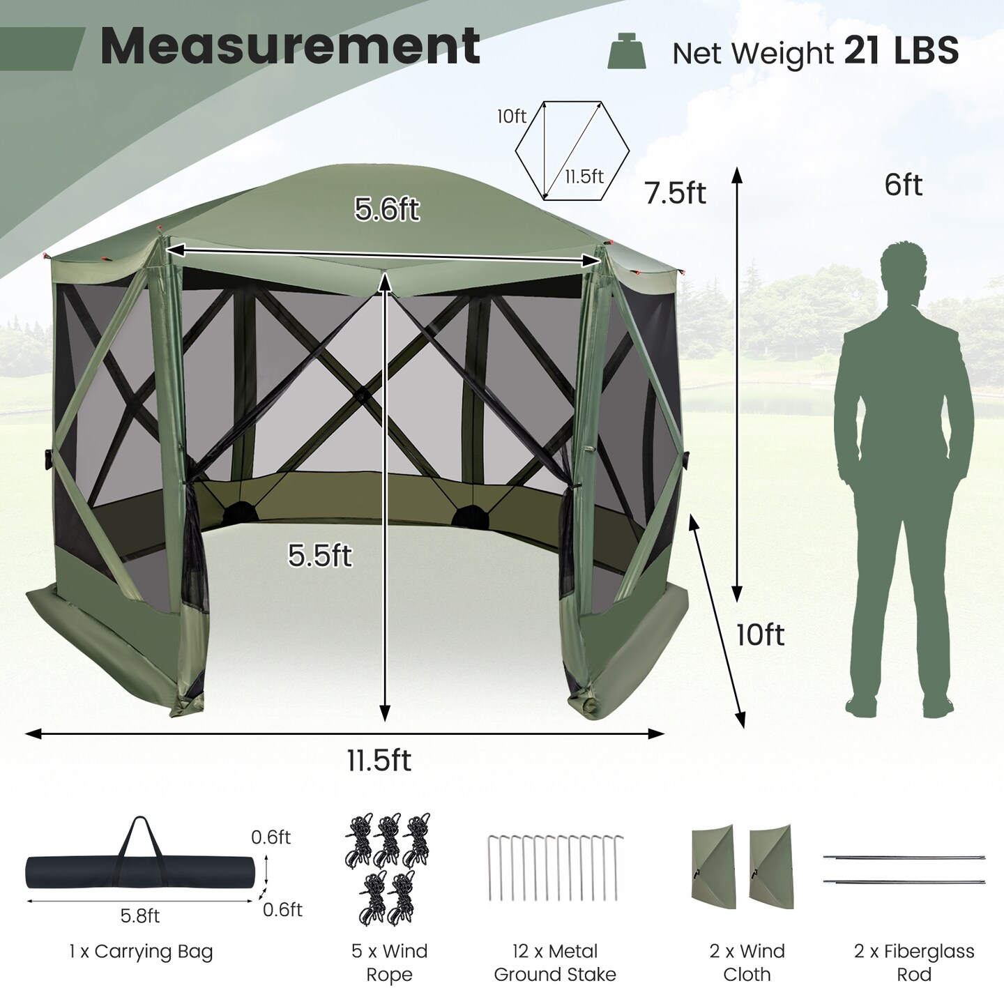 Costway 11.5 X 11.5 FT 6-Sided Pop-up Screen House Tent With 2 Wind Panels for Camping Coffee/Green