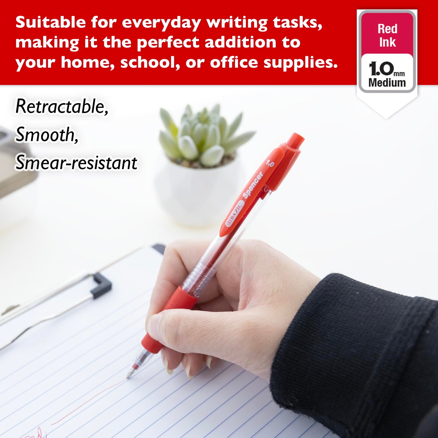 BAZIC Spencer Red Retractable Pen w/ Cushion Grip (5/Pack)