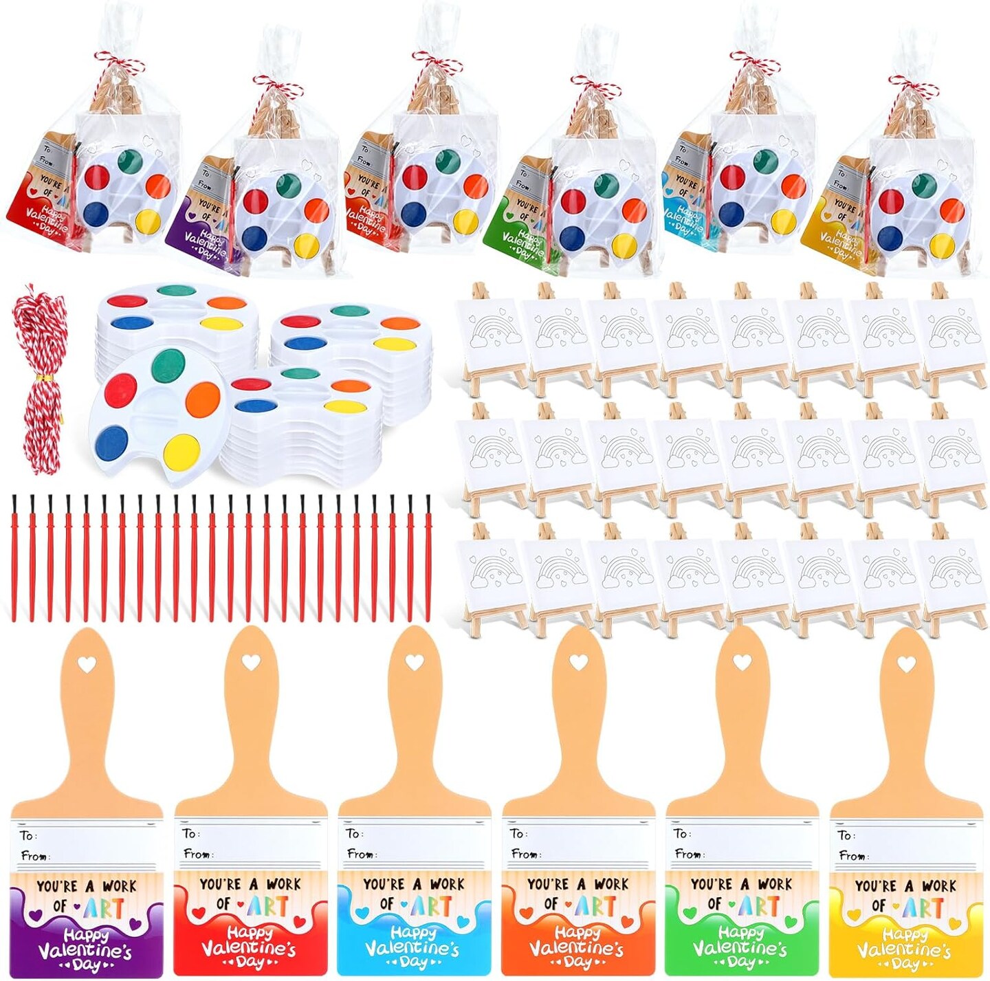 24 Sets Valentines Day Gifts for Kids Valentines Gift Painting Cards Painting Canvas Panel with Wooden Easel Watercolor Paints Kit for School Classroom Exchange Gift Valentine&#x27;s Day Favor