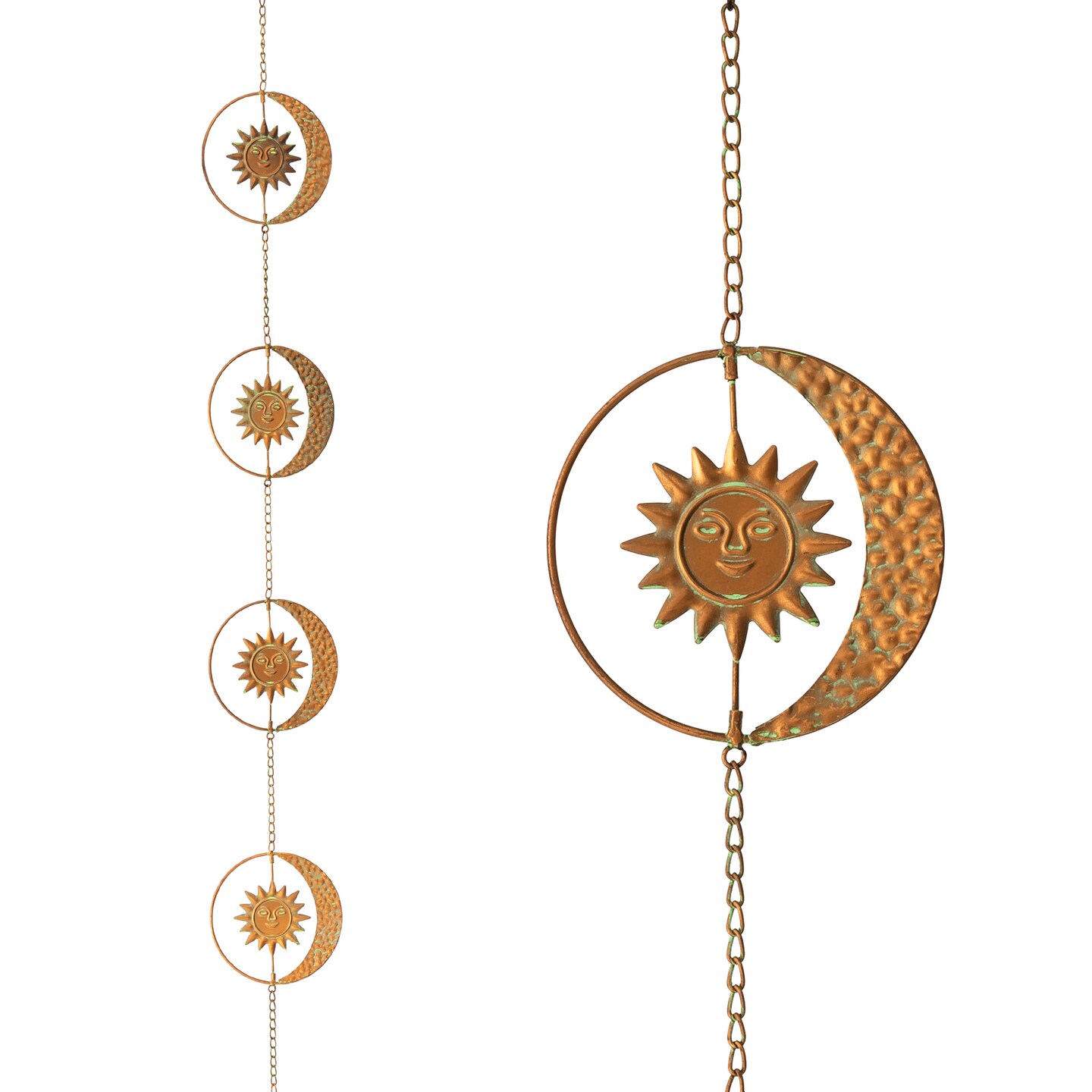 8.5ft 8-Piece Faux Copper Patina Finish Sun and Moon Rain Chain with V-Shaped Gutter Clip