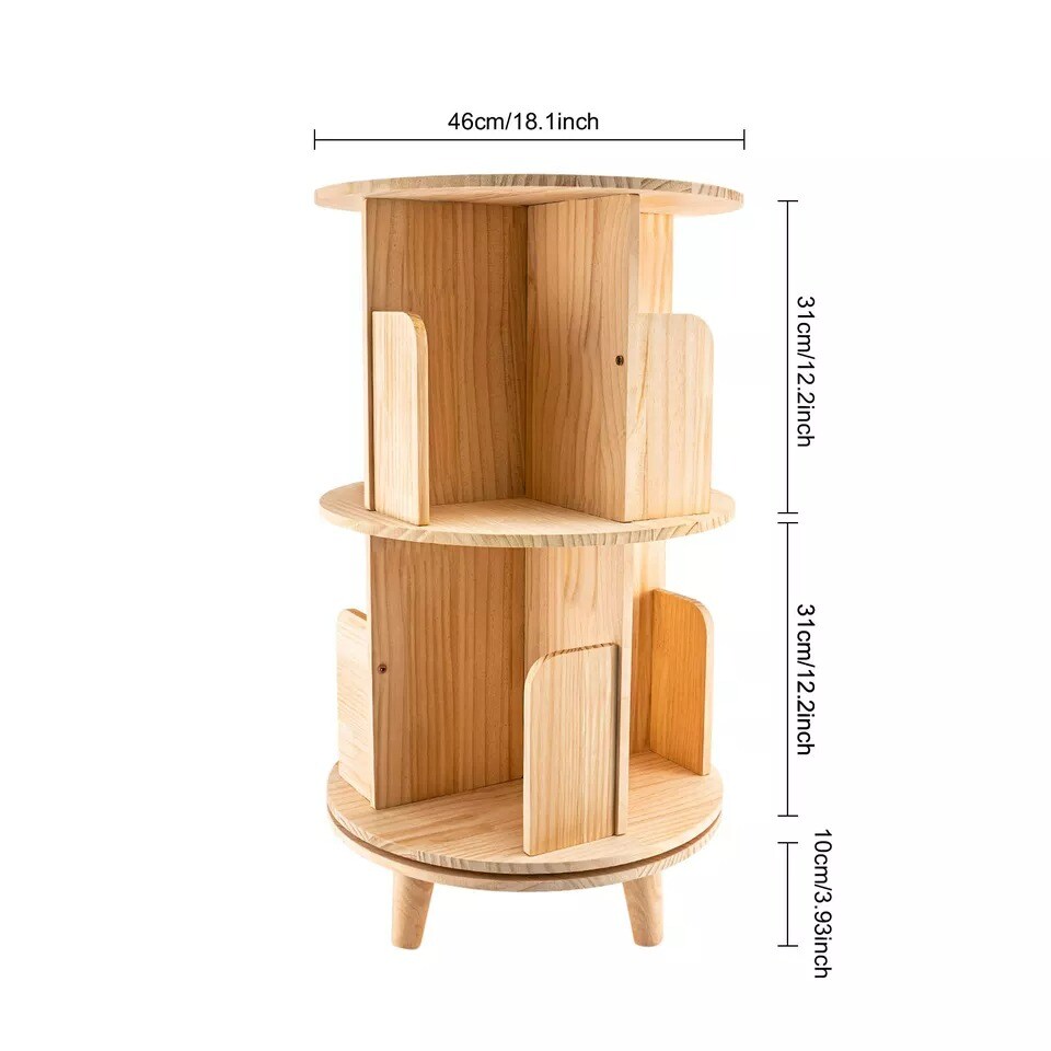 Wood 360 [ROTATING BOOKCASE] Freestanding 2 Tiers Small Bookshelf Display Rack