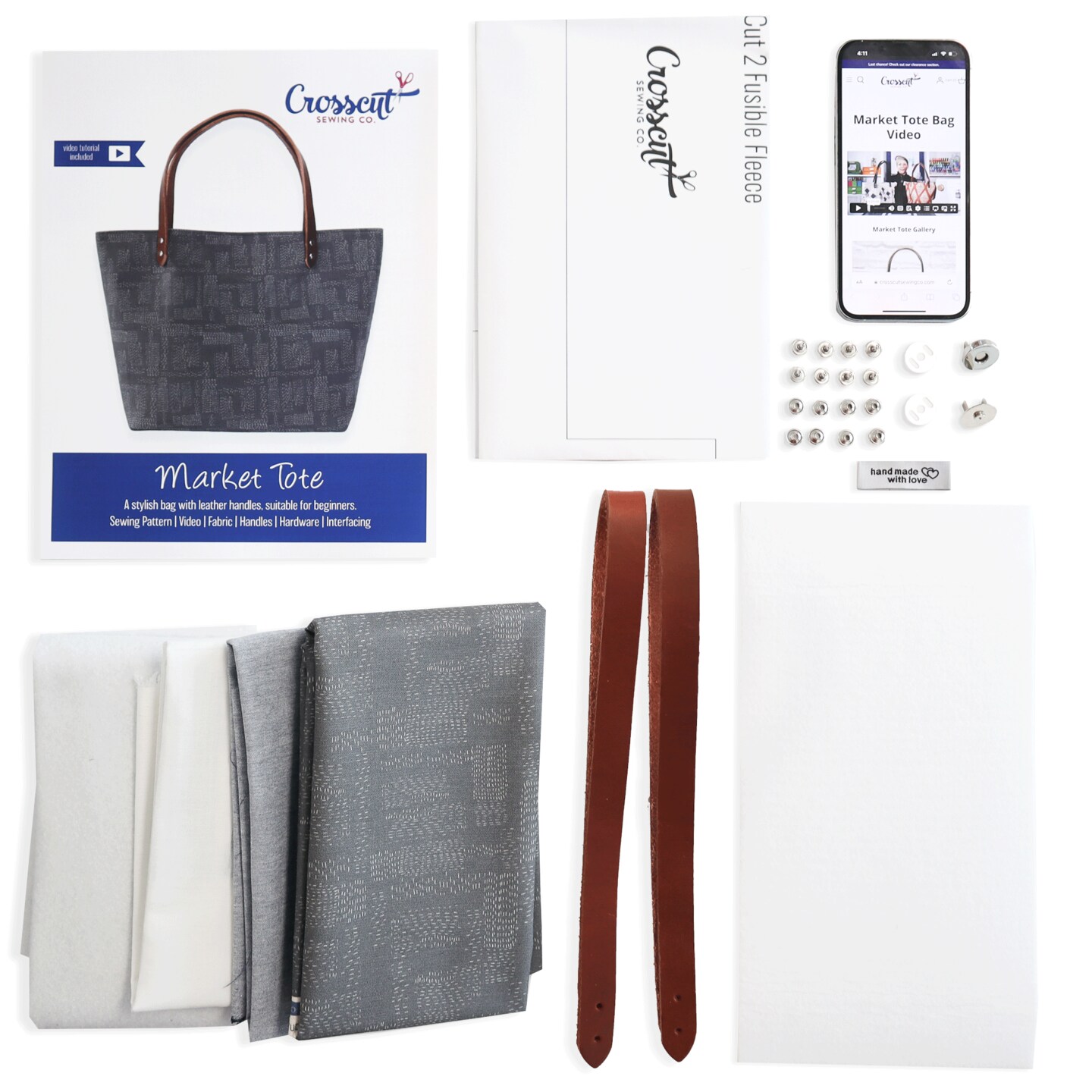Crosscut Sewing Co.® Market Tote Bag Sewing Project Kit for Beginners with Fabric, Instructions and Video