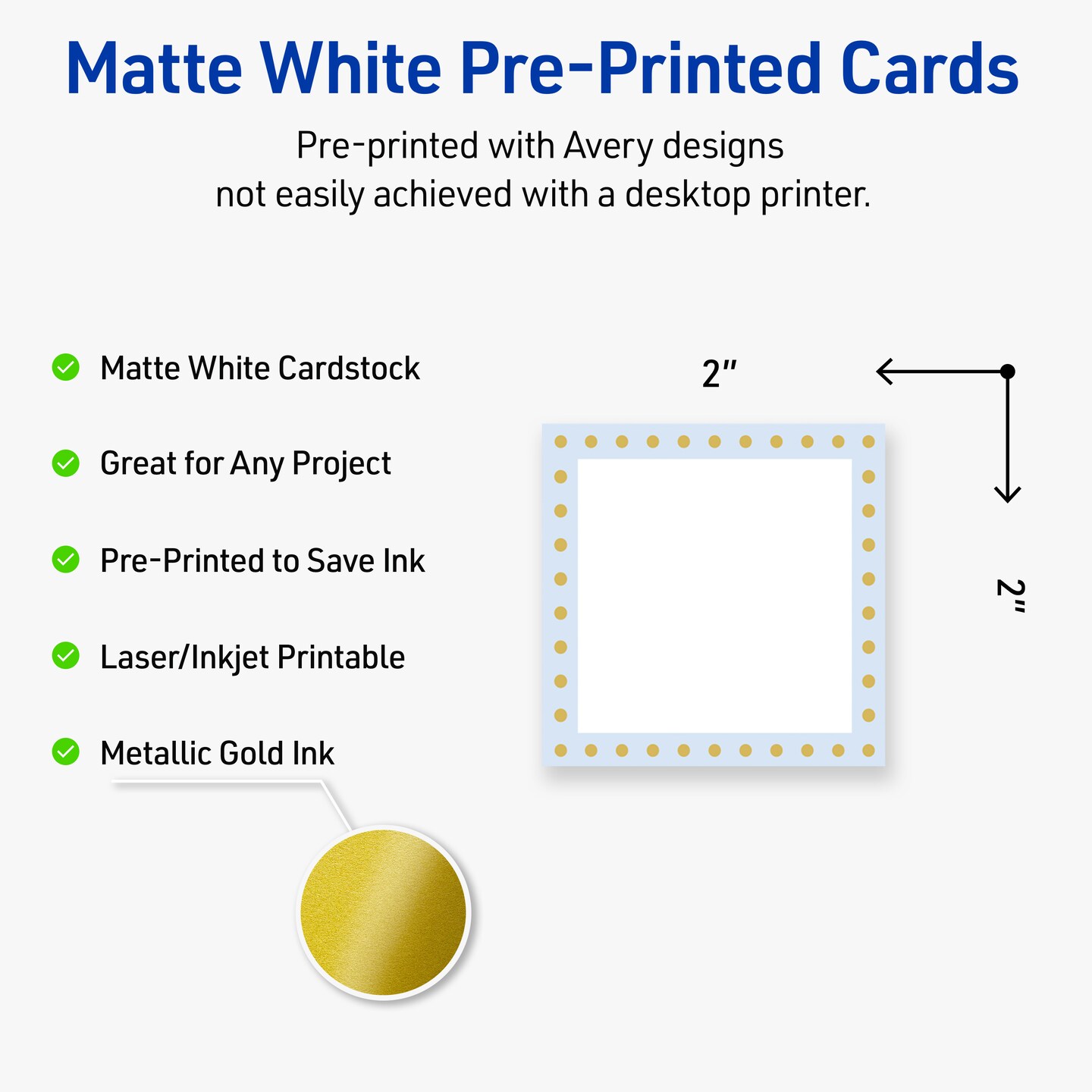 Avery Printable Square Cards, Gold Dots with Blue Border, 2&#x22; x 2&#x22;, Matte White Square Cards, Laser/Inkjet, 120ct, Great for Business Cards