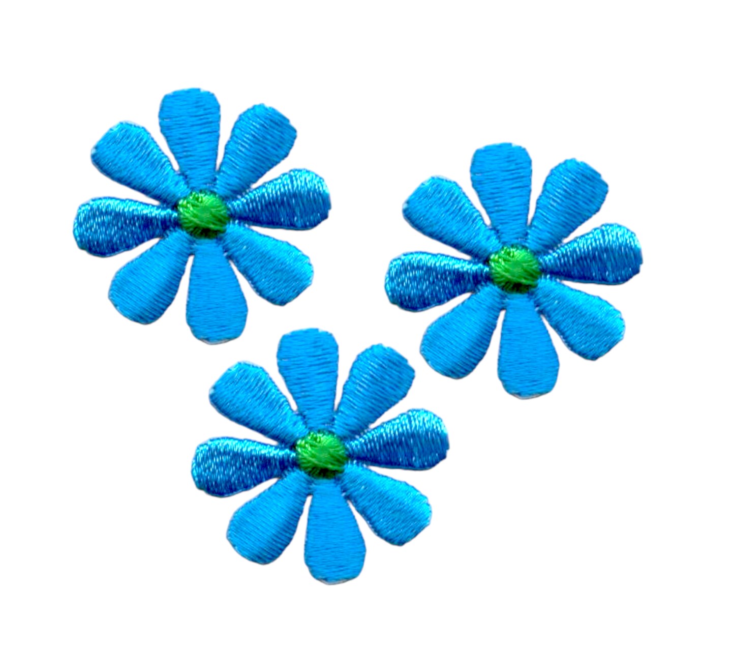 Set of 3, 1&#x22; Cyan Blue Daisy, Flowers, Embroidered, Iron on Patch