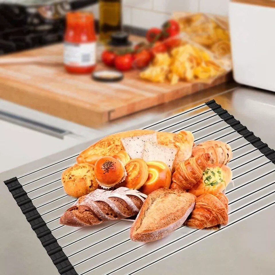 Kitchen Stainless Steel Sink Drain Rack Roll Up Dish Rack Food.