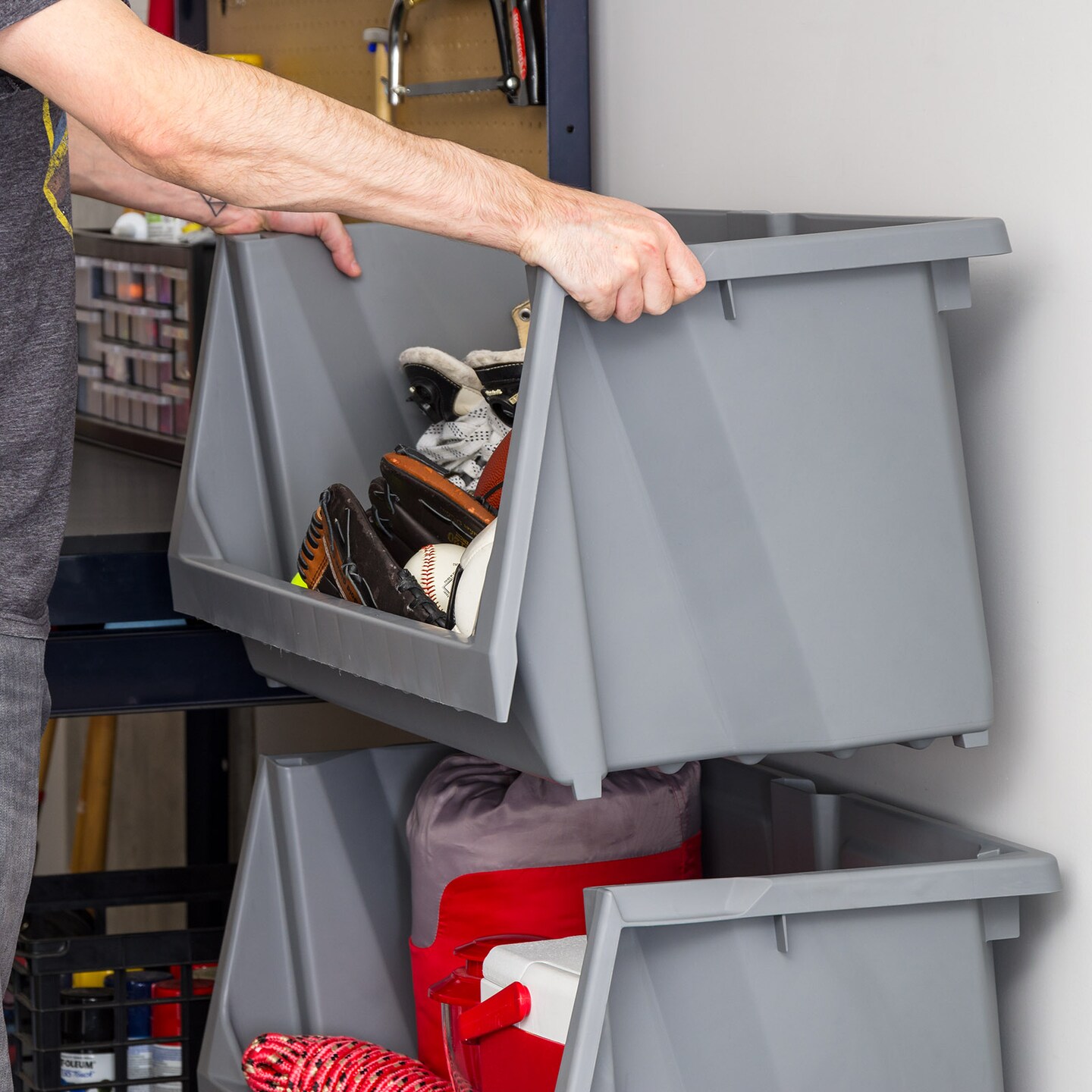 IRIS USA Medium Stackable Storage Bins Open Front, Heavy Duty Garage Organization, Gray - 1 Pack