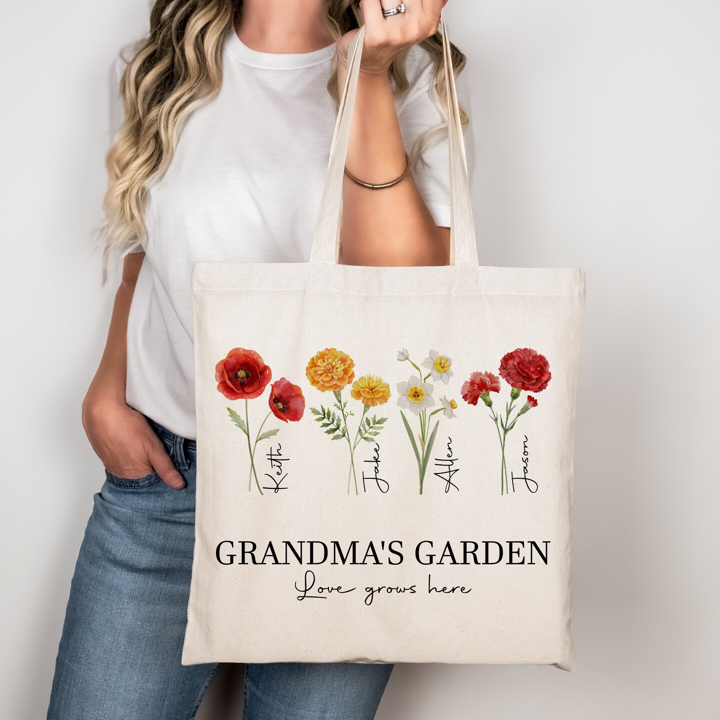 Custom Birth Flower Gift Mother's Day Gift Birth Flower Tote Bag  Personalized Canvas Tote Bag Gift for Grandma Grandma's Garden Bag
